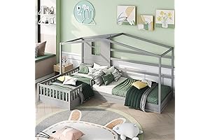 L-Shape House Bed for 2 Kids & Twin Size Corner Platform Wood Bed
