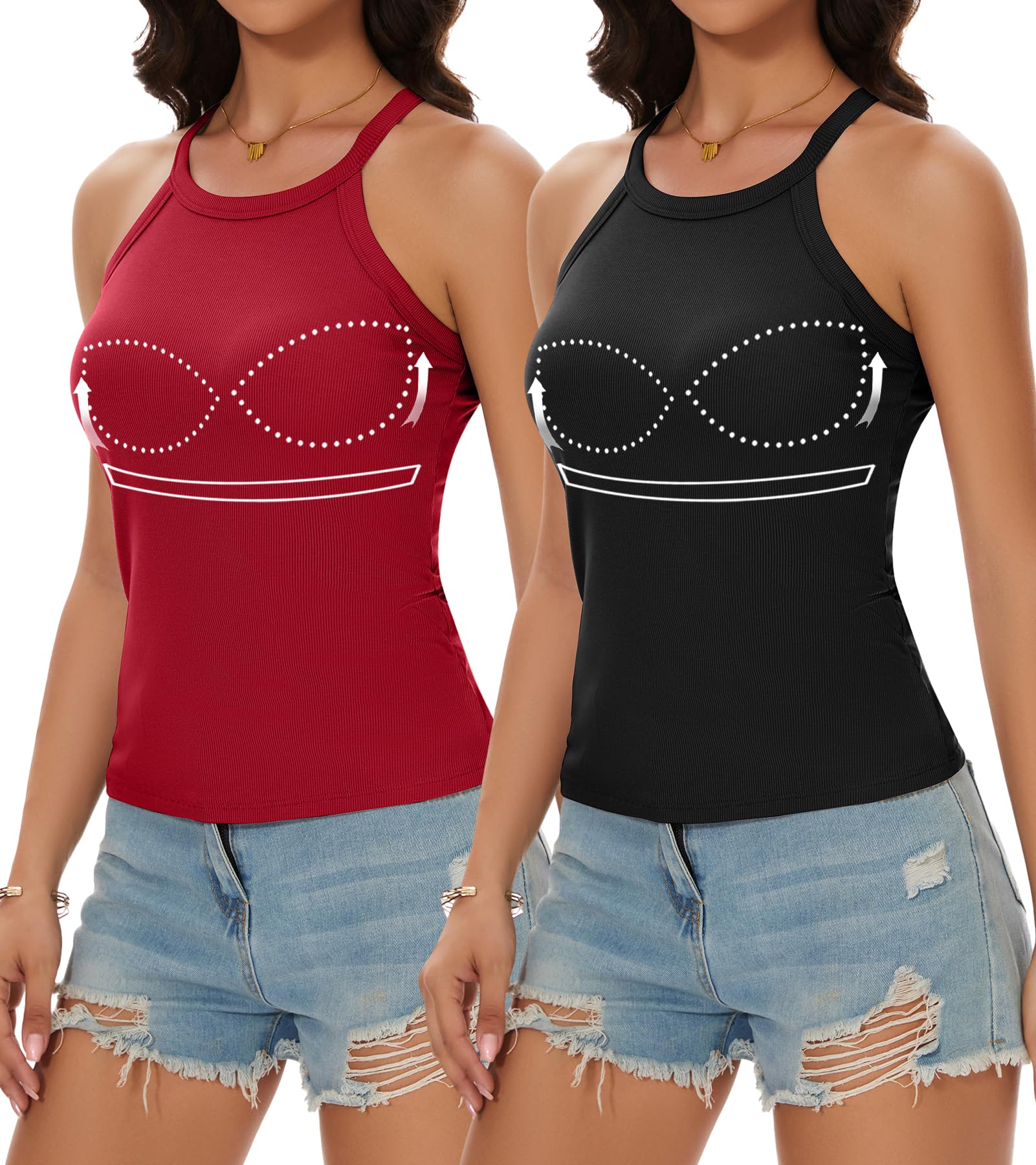 Womens Racerback Ribbed Tank Top Camisole with Built in Bra Running Yoga Sport Bra Athletic Slim Sleeveless Summer Top