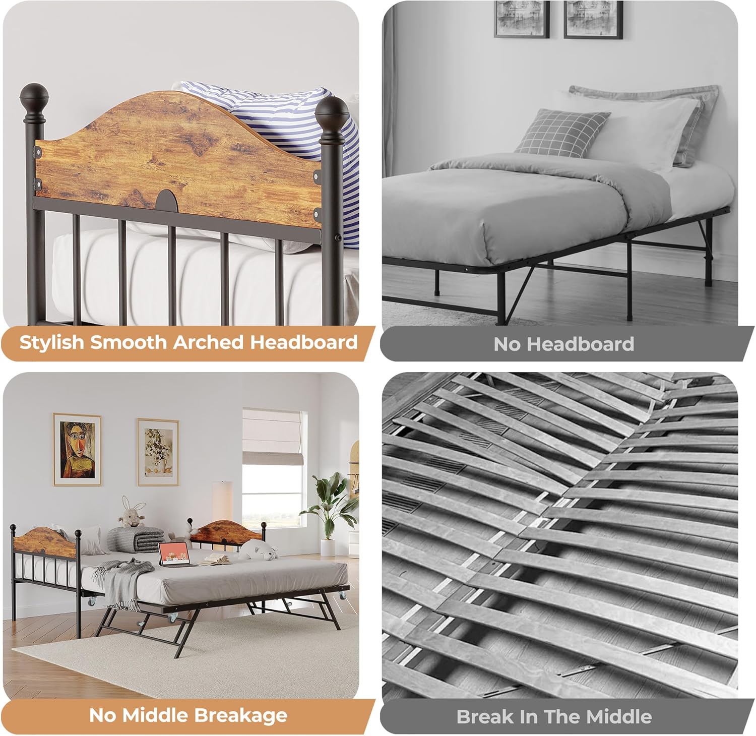 IDEALHOUSE Twin Metal Daybed with Pop-Up Trundle, Heavy Duty Steel Slats Platform Bed with Stylish Headboard, Convertible Sofa Bed Frame for Living Room, Bedroom, or Guest Room, Brown