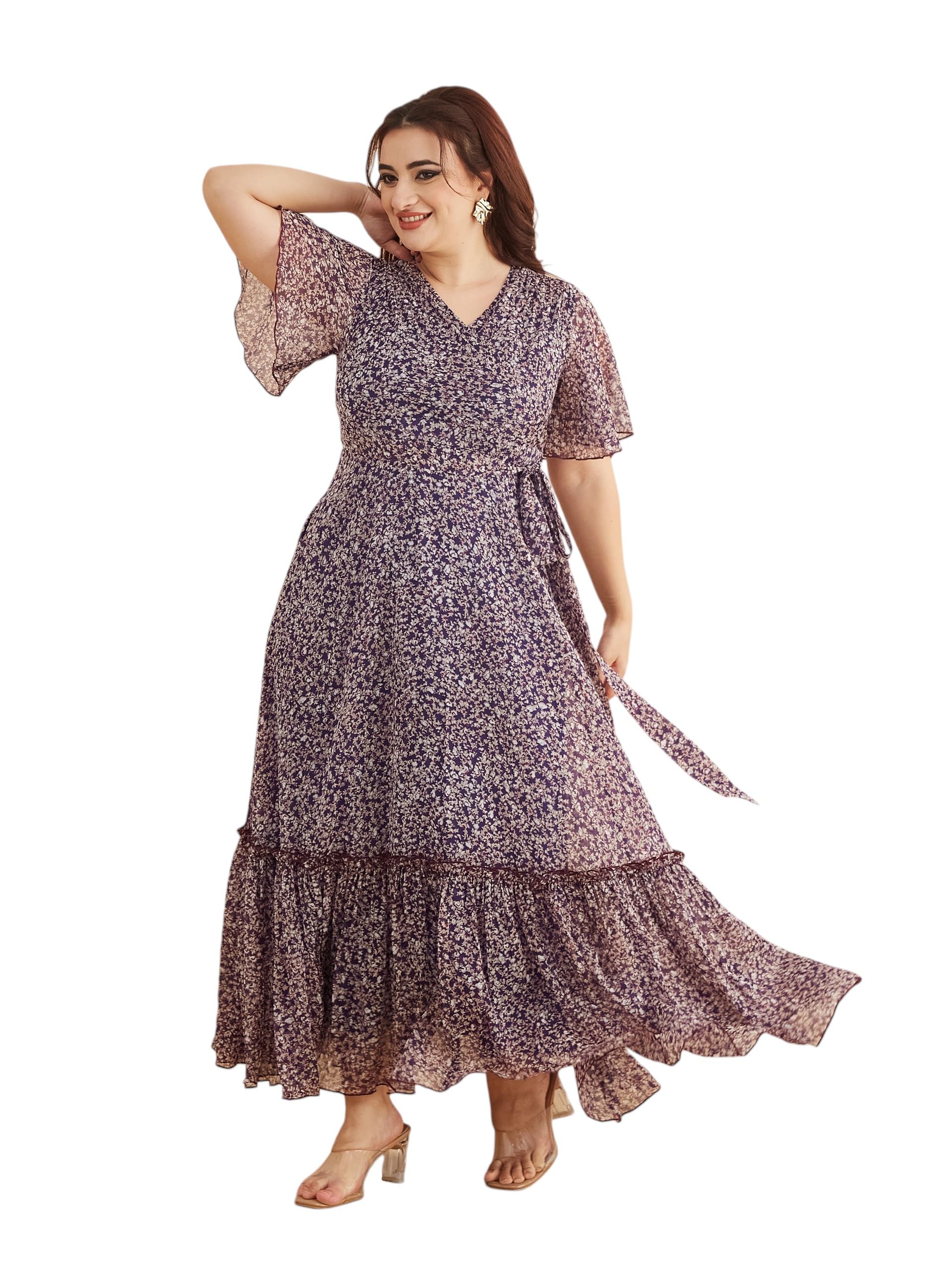 miss chase a+ Women's Floral Wrap Chiffon Maxi Dress with Flutter Sleeves Frilled Hem-picture-35