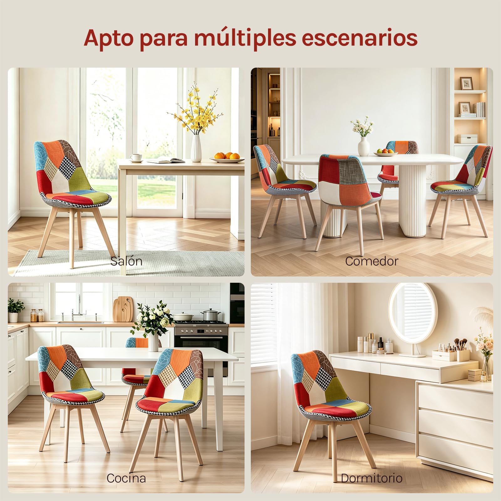 WOLTU Juego de 4 Sillas de Comedor,Patchwork,Multicolor | Patas de Madera Maciza FSC, Estilo Escandinavo, Transpirable y Cómoda, para Comedor o Salón