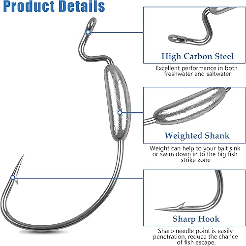 Miniatura 2 de Ganchos con peso para plástico suave, 30 ganchos para agua salada para agua salada, ganchos extra anchos, ganchos de gusano sin malezas, gancho de