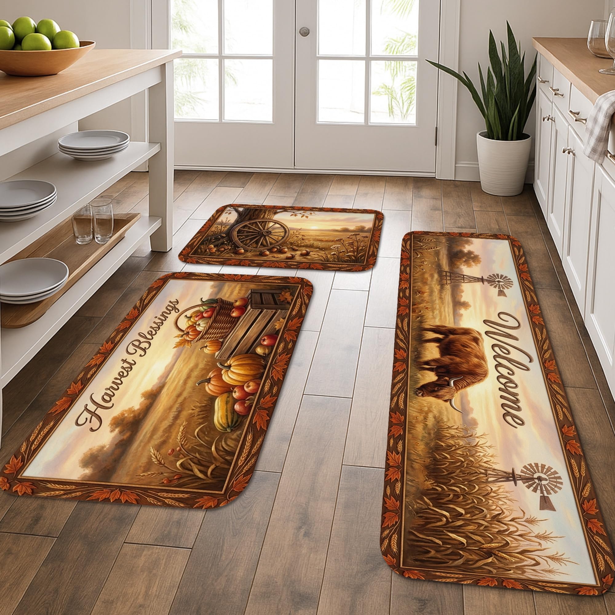 Lot de 3 tapis de cuisine citrouille marron lavables pour évier et entrée