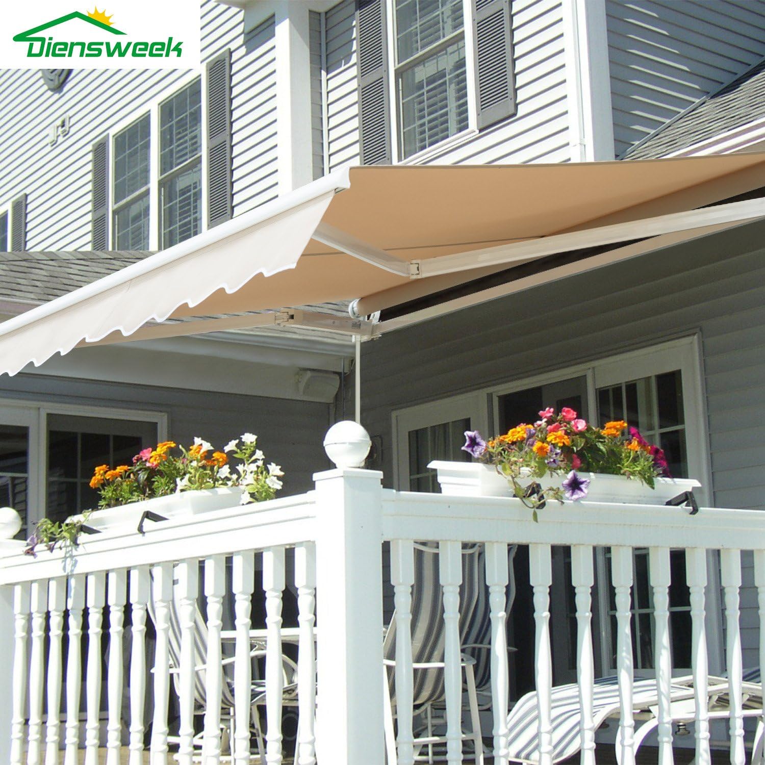 12'x10' Patio Awning Retractable, Fully Assembled Manual Commercial Grade - Quality 100% 280G Ployester Window Door Sunshade Shelter - Deck Canopy Balcony P100 Series (12'x10', Beige)
