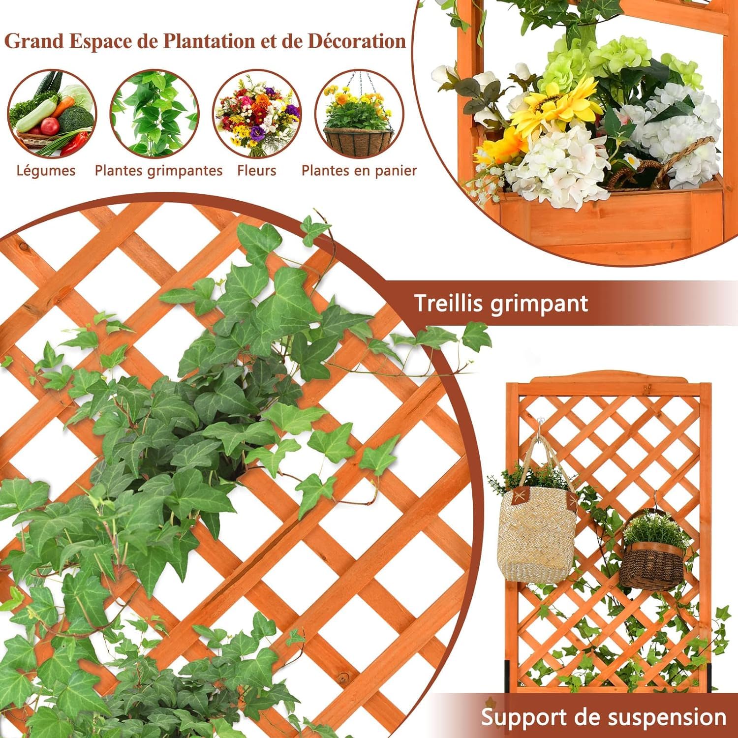 GOPLUS Jardinière avec Treillis 180CM en Bois, avec Trou de Drainage pour Plantes Grimpantes, Fleurs, Jardinière pour Cour, Jardin, Balcon, 54,5x54,5x180cm