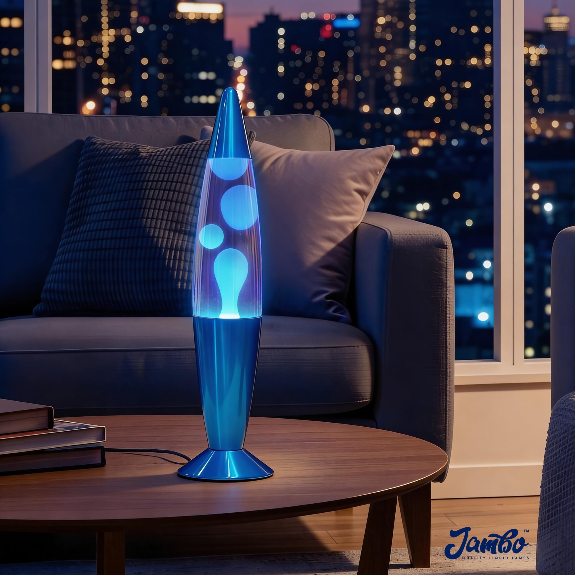 Jambo Przepiękna lampa do poruszania się płynem z woskiem niczym lawa, zabawa dla dorosłych, młodzieży i dzieci (niebieska podstawa, niebieski płyn, biały wosk, 40 cm)