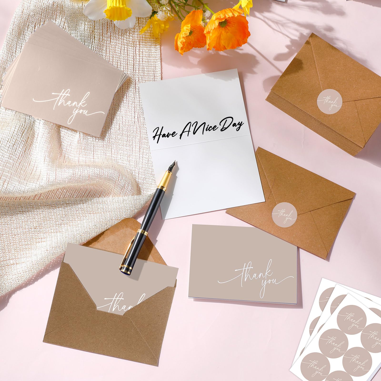 Gueevin Lot de 200 cartes de remerciement avec enveloppes en kraft et autocollants, 8,9 x 12,7 cm, notes de remerciement vierges élégantes pour mariage, affaires, remise de diplôme, fête prénatale