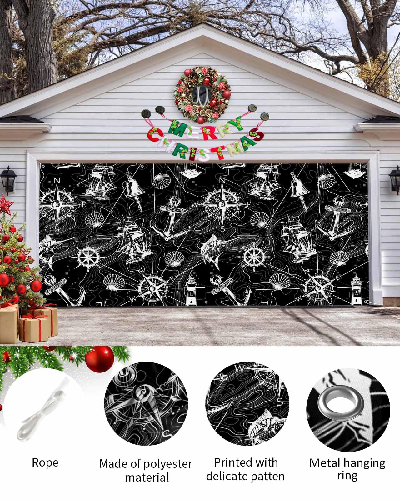 Ocean Thunderstorm Garage Door Cover - 7x16ft Photography Backdrop, Blue Sea Waves With Lightning, Nautical Theme