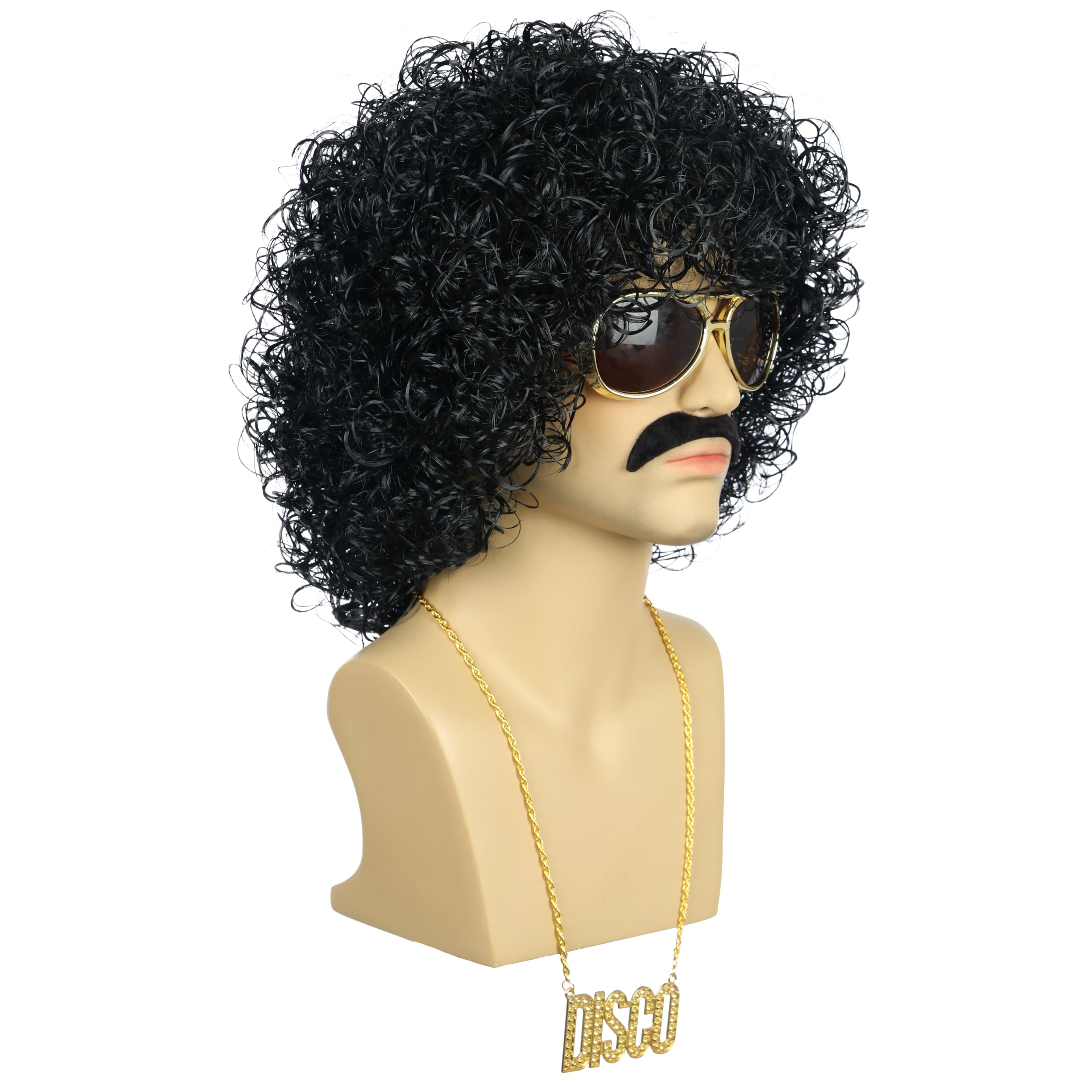 karlery Men Short Curly Black Wig with Mustache Necklace Glasses 70s 80s Disco Afro Rocker Wig for Cosplay Halloween Party - Image 4