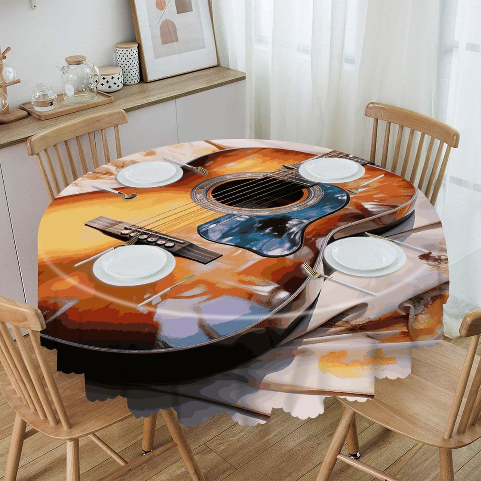 VstaDank Watercolor Acoustic Guitar Round Tablecloth 60 Inch Easy to Clean Circle Table Cover Thick Decorative Round Polyester Table Cloth for Dining Kitchen Party Farmhouse Outdoor