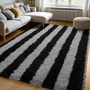 Zentavio Area Rugs for Living Room Large Rugs for Bedroom 5x8 Carpet Fluffy Fuzzy Soft Shag Aesthetic Plush High Pile Gray Throw Rug for Nursery Kids Room Dorm Horizontal Stripes Black Grey