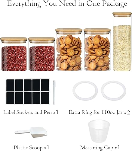 Miniatura 7 de Recipientes de almacenamiento de vidrio con tapas herméticas de bambú, juego de 5, tarros de vidrio de despensa con tapa, perfectos para
