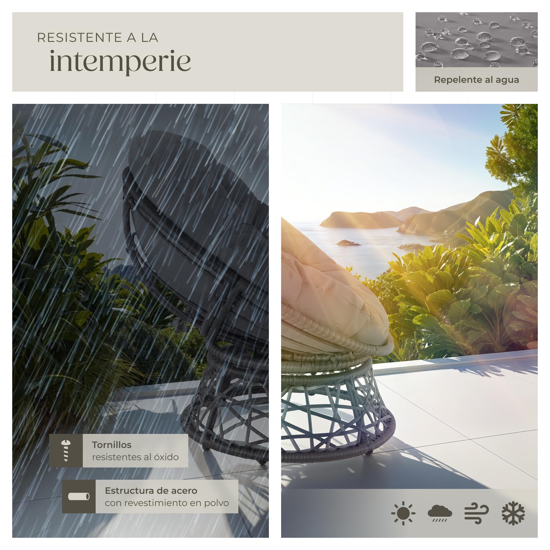 tectake® Sillón de Ratán y Acero en Forma de Cuenco, Giratorio, Muebles Jardín Exterior Resistentes a Intemperie, Sillón para Conjunto Jardín Exterior, Cojín Grande y Mullido, Altura Ajustable - Gris