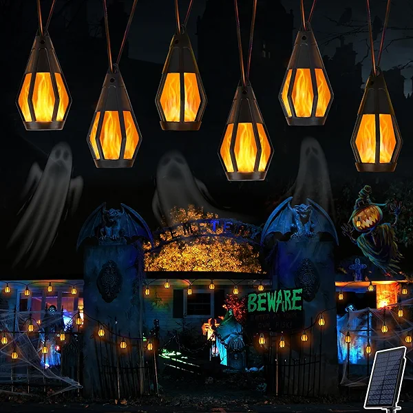 Solar Halloween Lights Outdoor, 21Ft Outdoor String Lights with 10 Flickering Flame Bulb, Waterproof Solar Powered Orange String Light LED Flame Lights for Yard Patio Garden Party Halloween Decoration