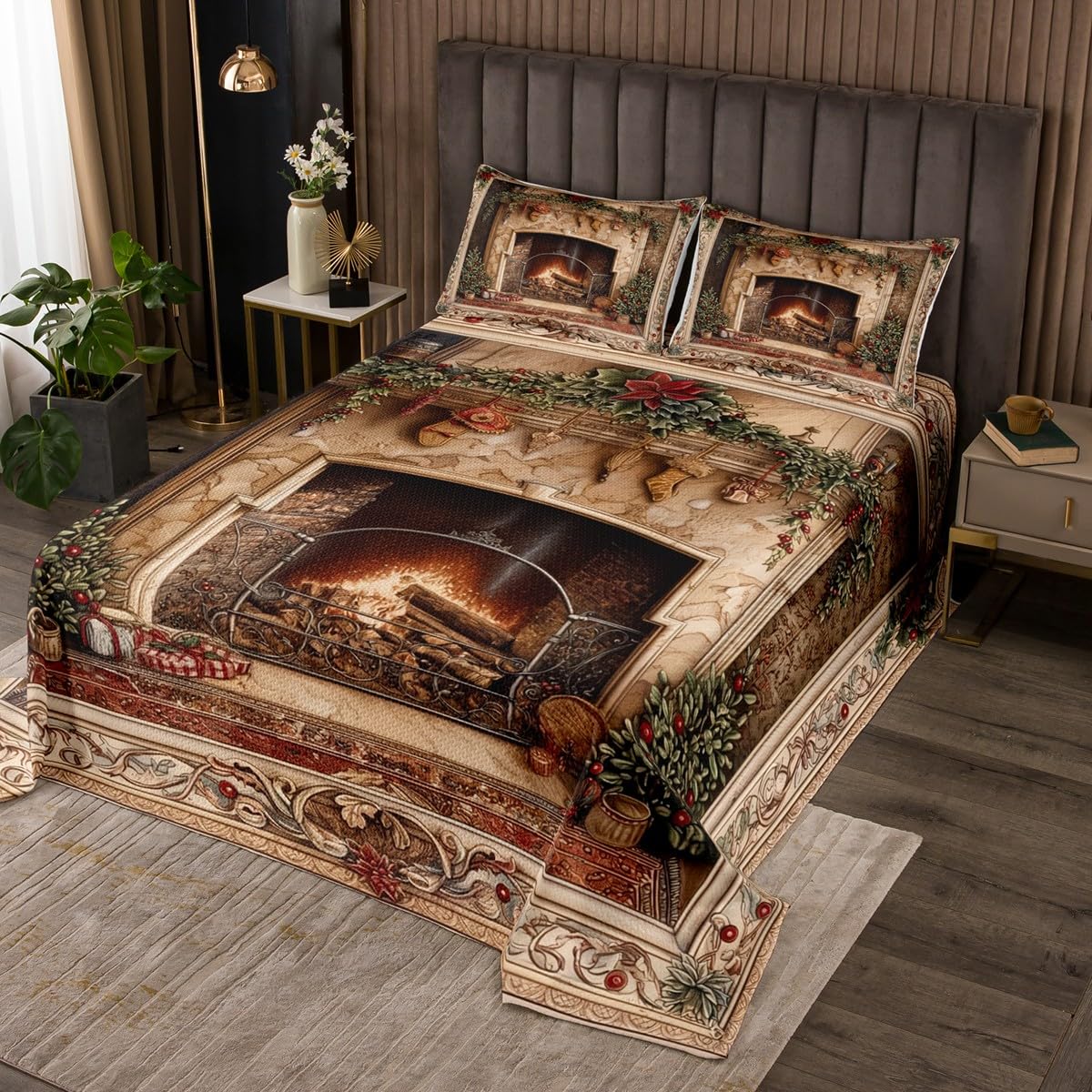 Christmas Bedspread Quilt,European Style Vintage Fireplace Western Tribal Brown Bedding Coverlet for All Season,Xmas Socks Pine Trees Poinesettia Single Size Coverlet Set with 1 Pillow Sham