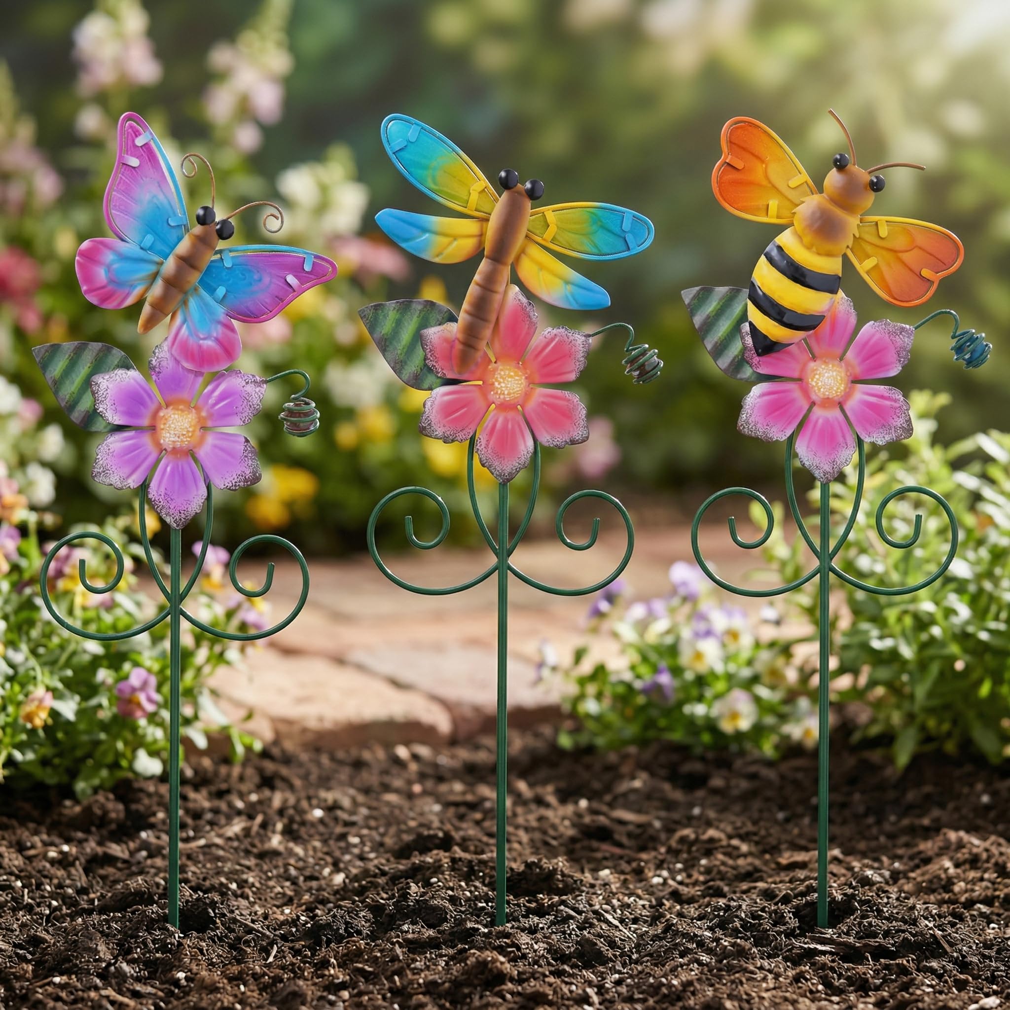Topadorn Floral Garden Stakes Outdoor Plant Pick Waterproof Metal Flower Garden Stakes for Lawn Yard Patio,Pathway and Planter Pot Decor,Set of 3,Bee,