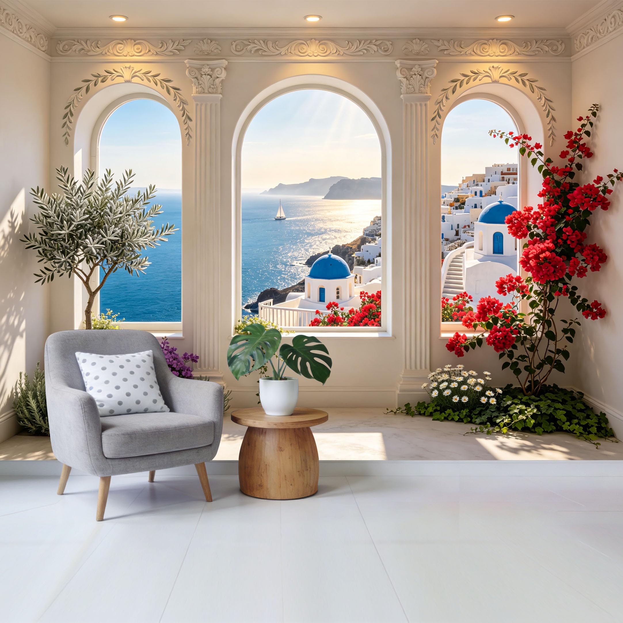Custom Size Wall Mural Mediterranean Coastal Santorini Seaside View with Bougainvillea Flowers and Blue Dome Architecture Removable Self Adhesive Fabric Home Wall Decor for Living Room