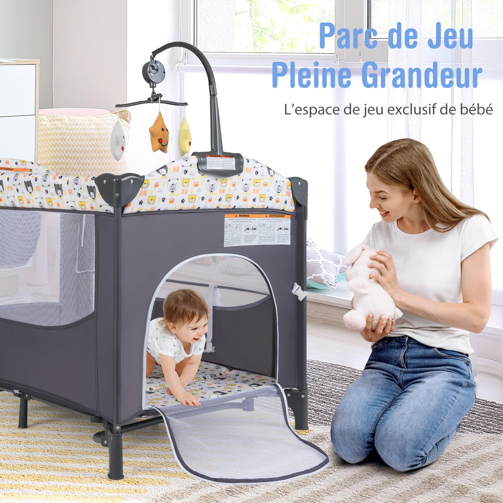 GOPLUS Cuna Lateral a la Cama, con Cambiador, Cojín Suave, Soporte para Juguetes y Espacio de Almacenamiento, Ajustable en Altura, Parque para Bebé de 0-9 Meses con 2 Ruedas y Bolsa (Gris)