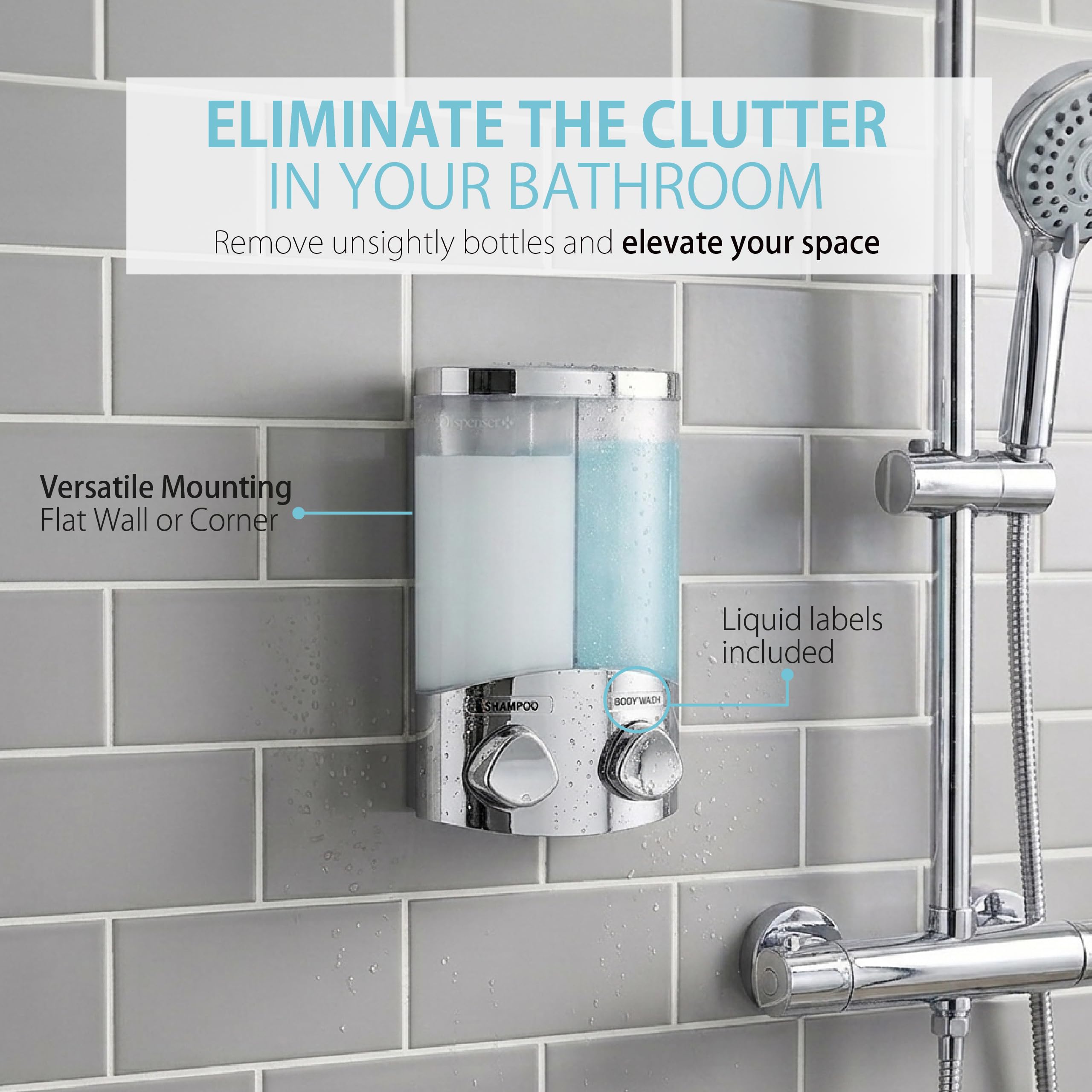 Better Living Seifen-, Duschgel- und Shampoo-Spender, in Chrom-Finish, ABS-Kunststoff, Chrome, 2-Chamber | Wandhalterung, integrierte Aufbewahrungshaken, Eck- oder flache Wandmontage, kein Bohren