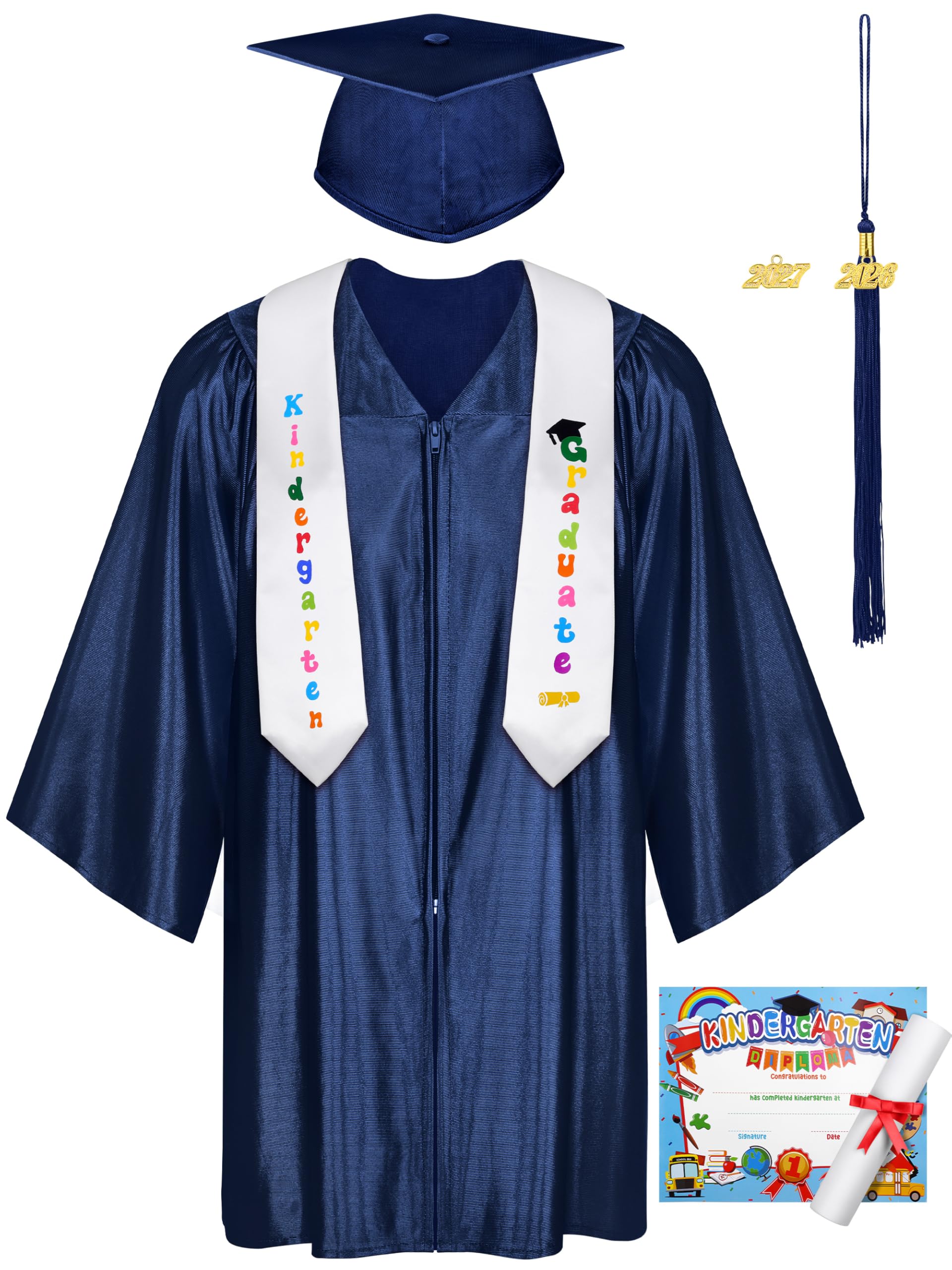 SOMSOC 7 Pack Kids Graduation Cap and Gown Tassel Stole with 2026, 2027 Charms Certificate for Preschool Kindergarten