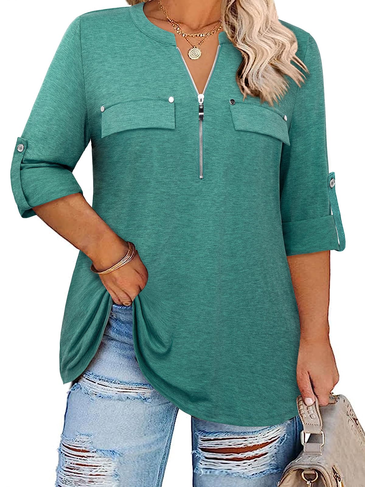 Siddhe Plus Size 3/4 Length Sleeve Womens Tops Zip V-Neck Tunic Tops Business Casual Dressy Blouses 1x-5x