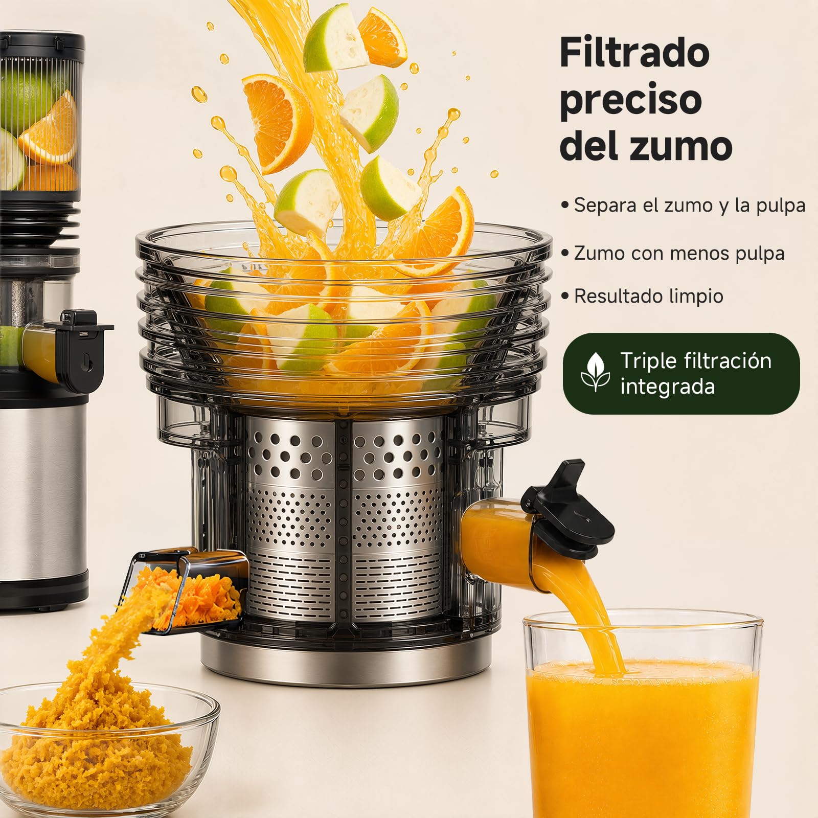 AMZCHEF Extractor de Zumos 158 mm Boca XXL, Licuadora de Prensado en Frío para Frutas y Verduras, Slow Juicer 2L con Vaso de Pulpa y Vaso de Zumo, Fácil Limpieza, Motor Silencioso, Acero Inoxidable