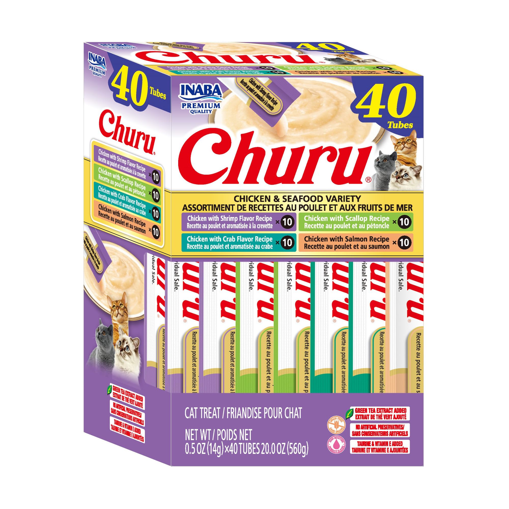 INABA Churu Cat Treats, Lickable, Squeezable Creamy Purée Cat Treat with Green Tea Extract &amp; Taurine, 0.5oz. Each Tube, 40 Tubes, Chicken &amp; Seafood Variety