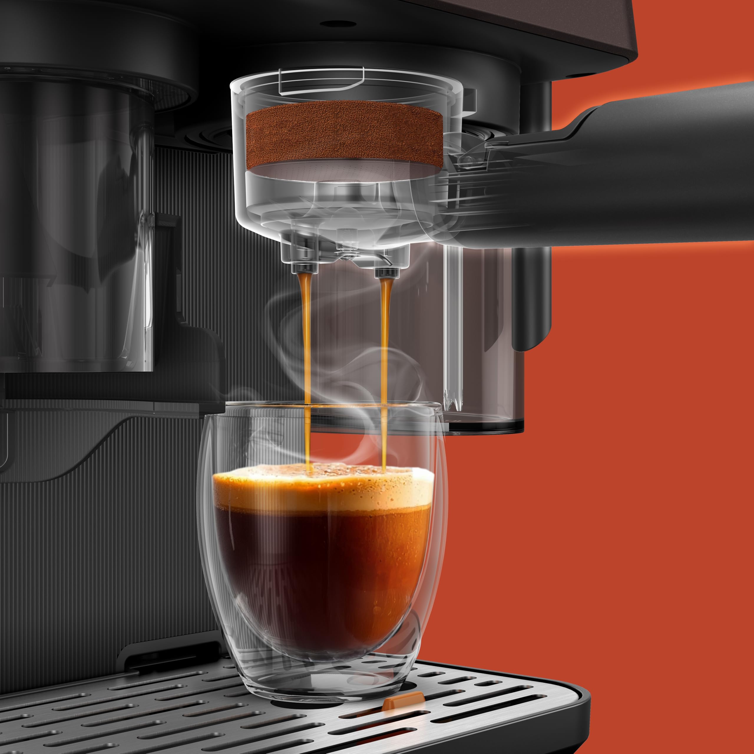 Grundig KSM 8530 Siebträgermaschine, 7 Kaffeespezialitäten inkl. Cold Brew, 1688 W, 20 bar, Edelstahlmahlwerk, Milchbehälter, Touch-Display, für Bohnen, Pulver & Kapseln, Schwarz/Braun