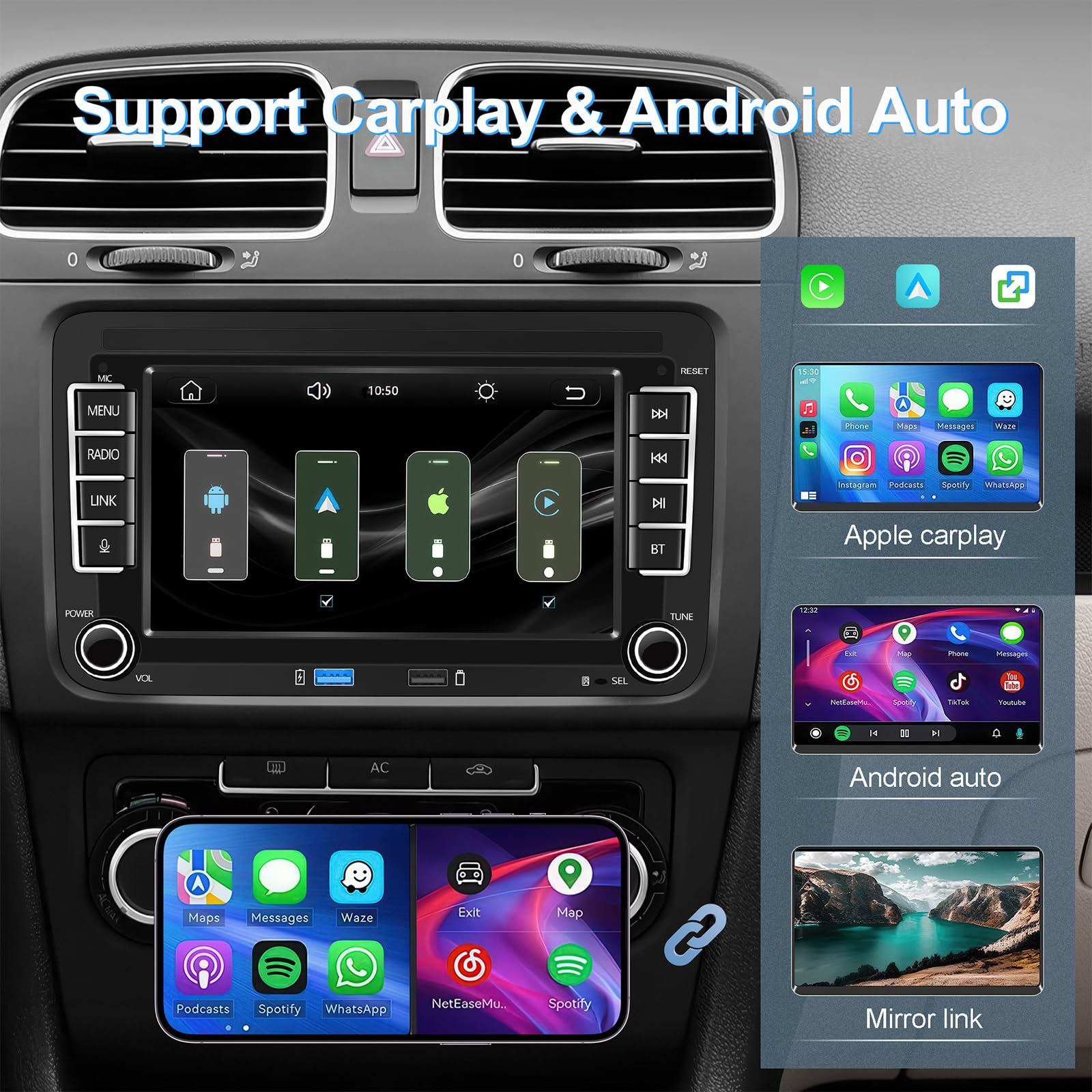 Autoradio per VW Golf R32/Plus/5/6, Passat, Polo T5,Seat, Touran, Skoda, supporto Carplay wireless/cablato e Android Auto, Radio supporto AM/FM/RDS/USB,BT,DSP, autoradio touch screen HD da 7 pollici