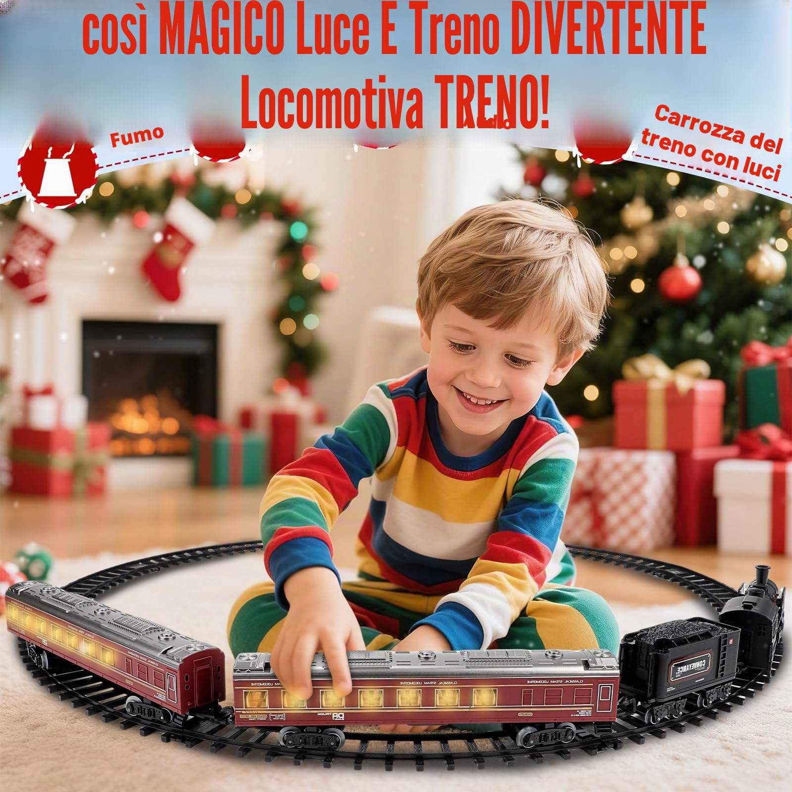 deAO Trenino Natalizio, Trenino Elettrico Classico con Binario Ovale - a Vapore Vintage con Vagoni Illuminati, Vapore e Suono - Regalo Perfetto per Bambini dai 3 4 5 6 Anni+, Nero