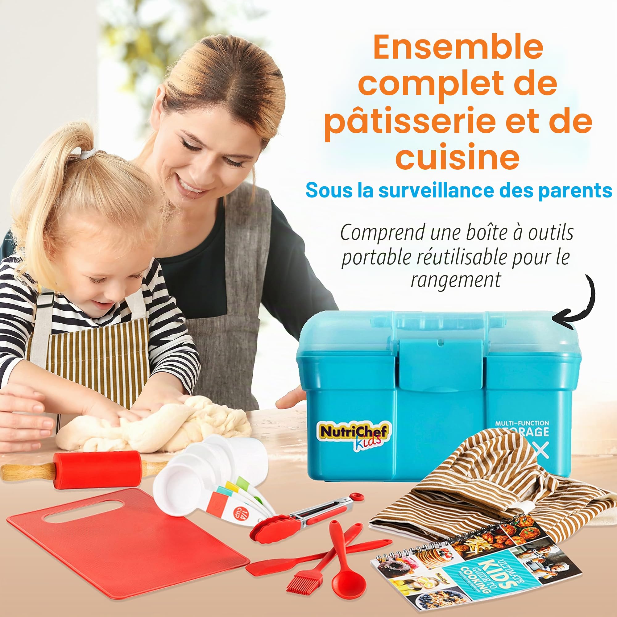 NutriChef Kit Cuisine Enfant et Pâtisserie – Set Complet avec Tablier Little Chef, Livre de Recettes, Couteaux Nylon et Ustensiles, dès 4 Ans