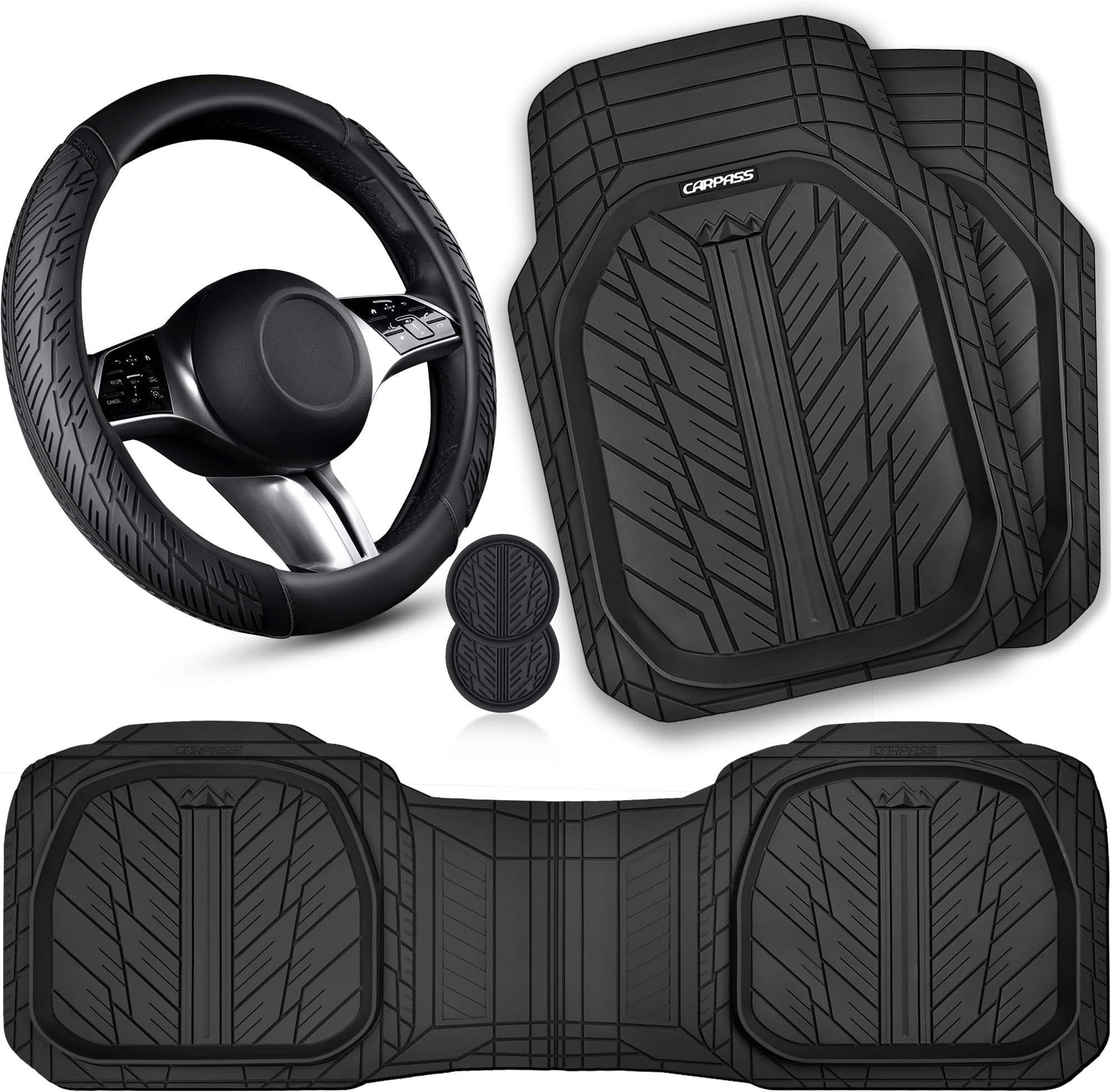 CAR PASS Leather Rubber Steering Wheel Cover 14 1/2” -15”,Tire Tread Pattern Design,Non-Slip Wear-Resistant, Heavy Duty Deep-Dish Car Floor Mats, Trim-to-Fit Car Mat,Fit for Steering Wheel Black