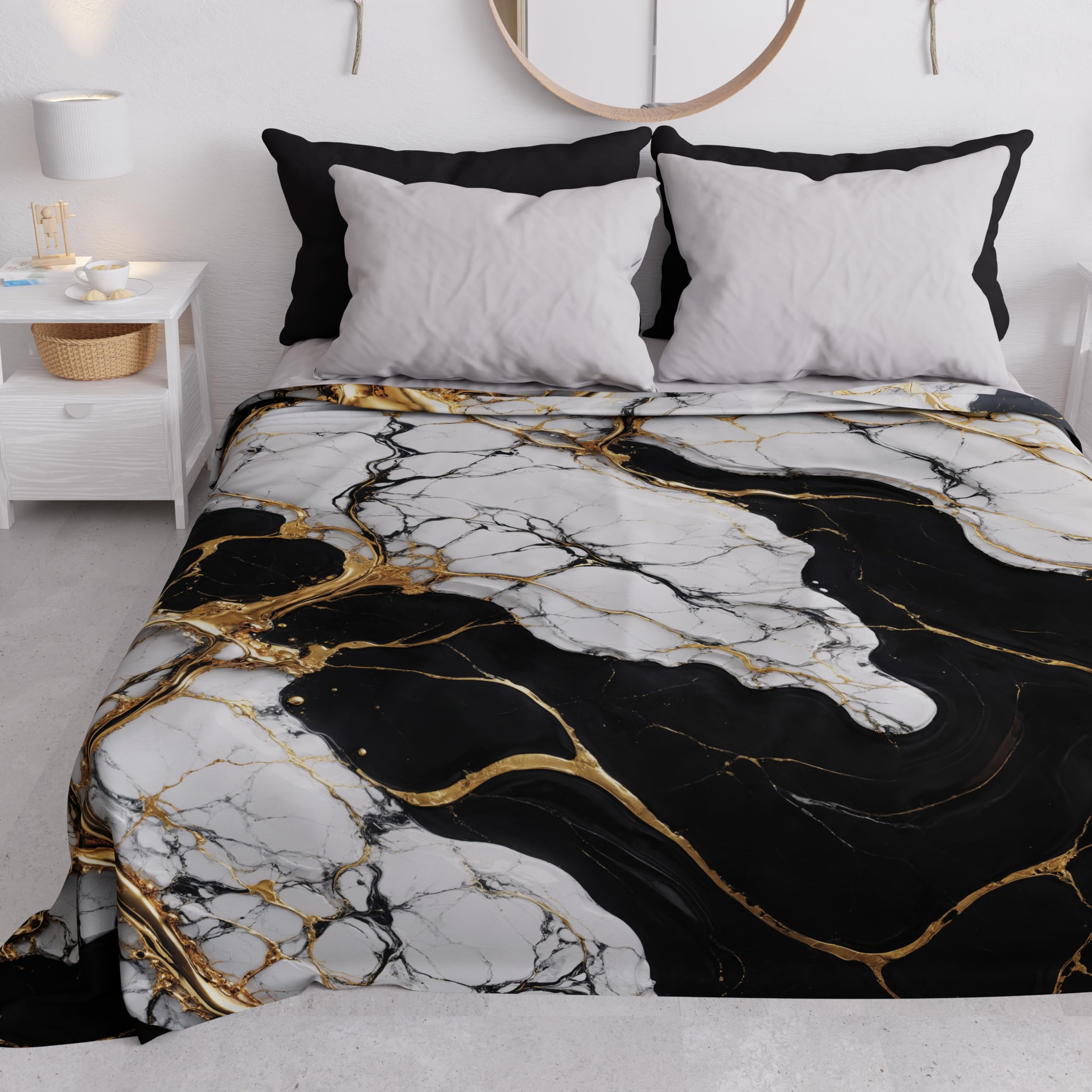 PETTI Artigiani Italiani - Single Bedspread Spring Summer Lightweight Single Bed Cover Bed Cover Marble White Black 100% Made in Italy