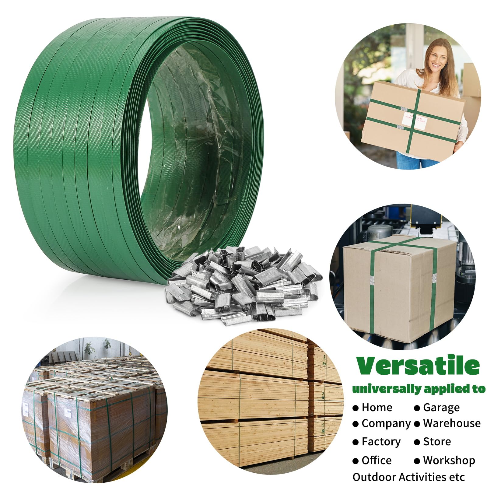 Heavy Duty Packaging Strapping Banding Roll - Green Polyester PET Industrial-Grade, 2000' x 5/8