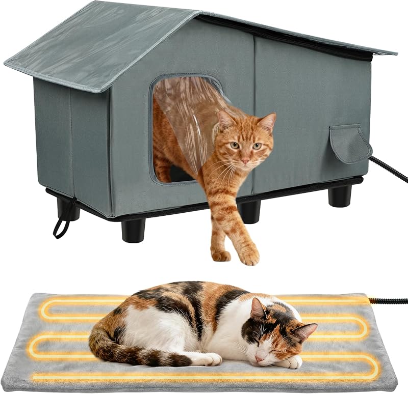 Casa Aquecida Elevada para Gatos MEWTOGO com Teto de PVC Impermeável e Isolamento para 2 a 3 Gatos, Cinza