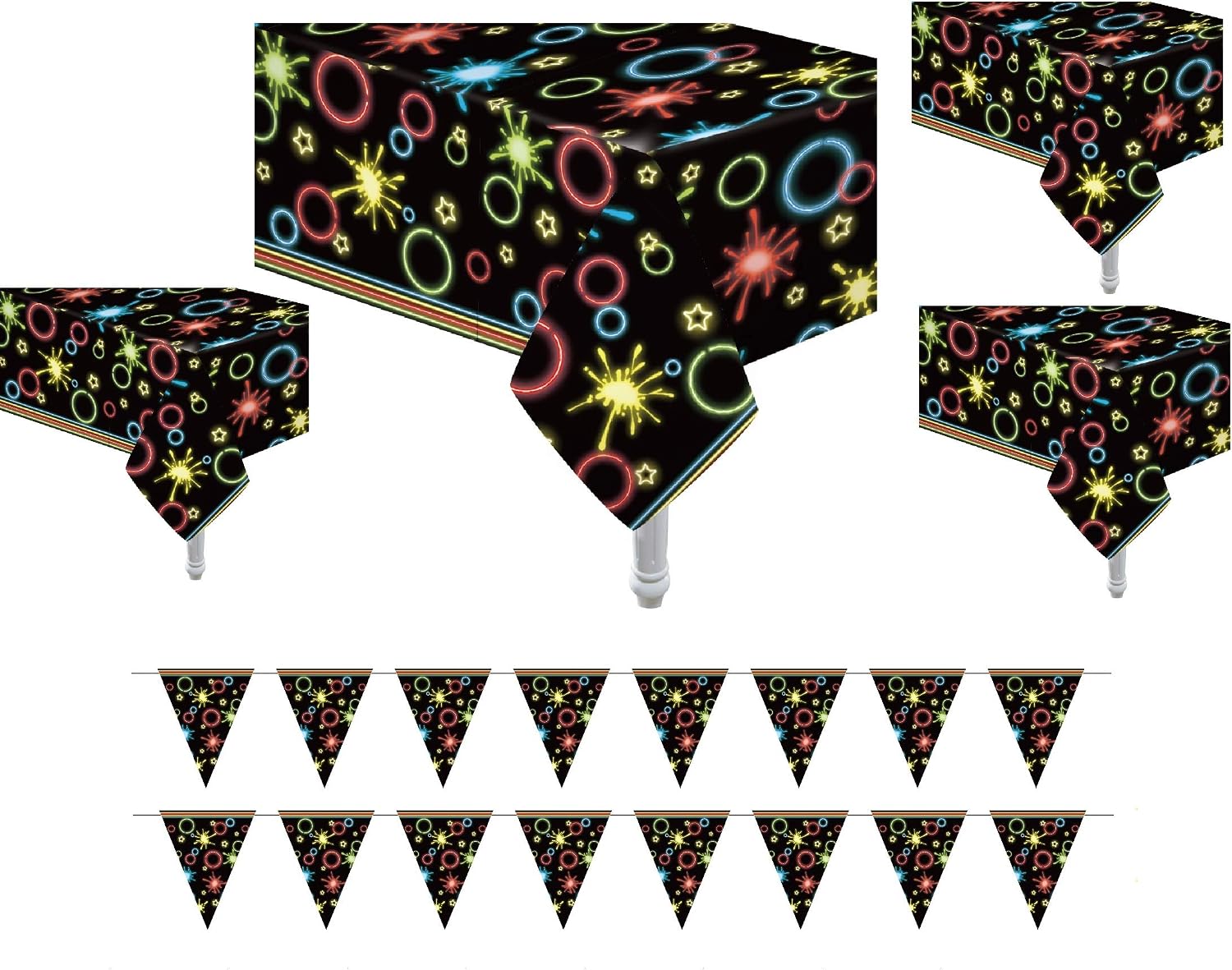 Oojami 4 Pack Glow Party Neon Plastic Table Covers Tablecloth Ideal for Glow in The Dark Parties Cosmic Theme Parties, Glow Neon Decor, Glow Theme All Over Print Size: 54" x 108"