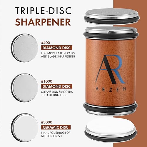 Miniatura 7 de ARZEN Afilador de cuchillos profesional con guantes anticorte, afilador de cuchillos de cocina con base magnética de ángulo de 15 y 20, discos de