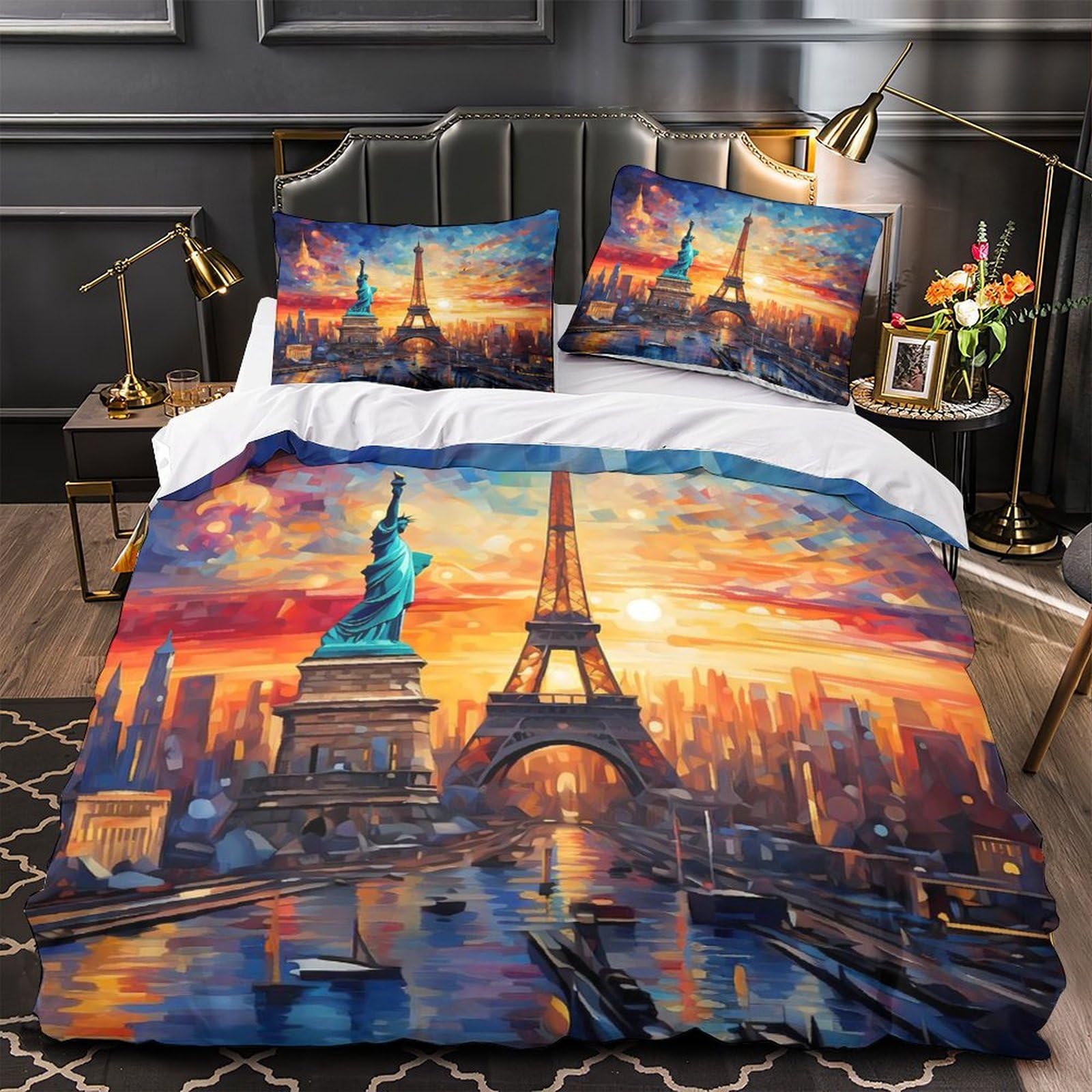 Housse de couette paysage urbain parure de lit microfibre résistante anti-allergie 135x200