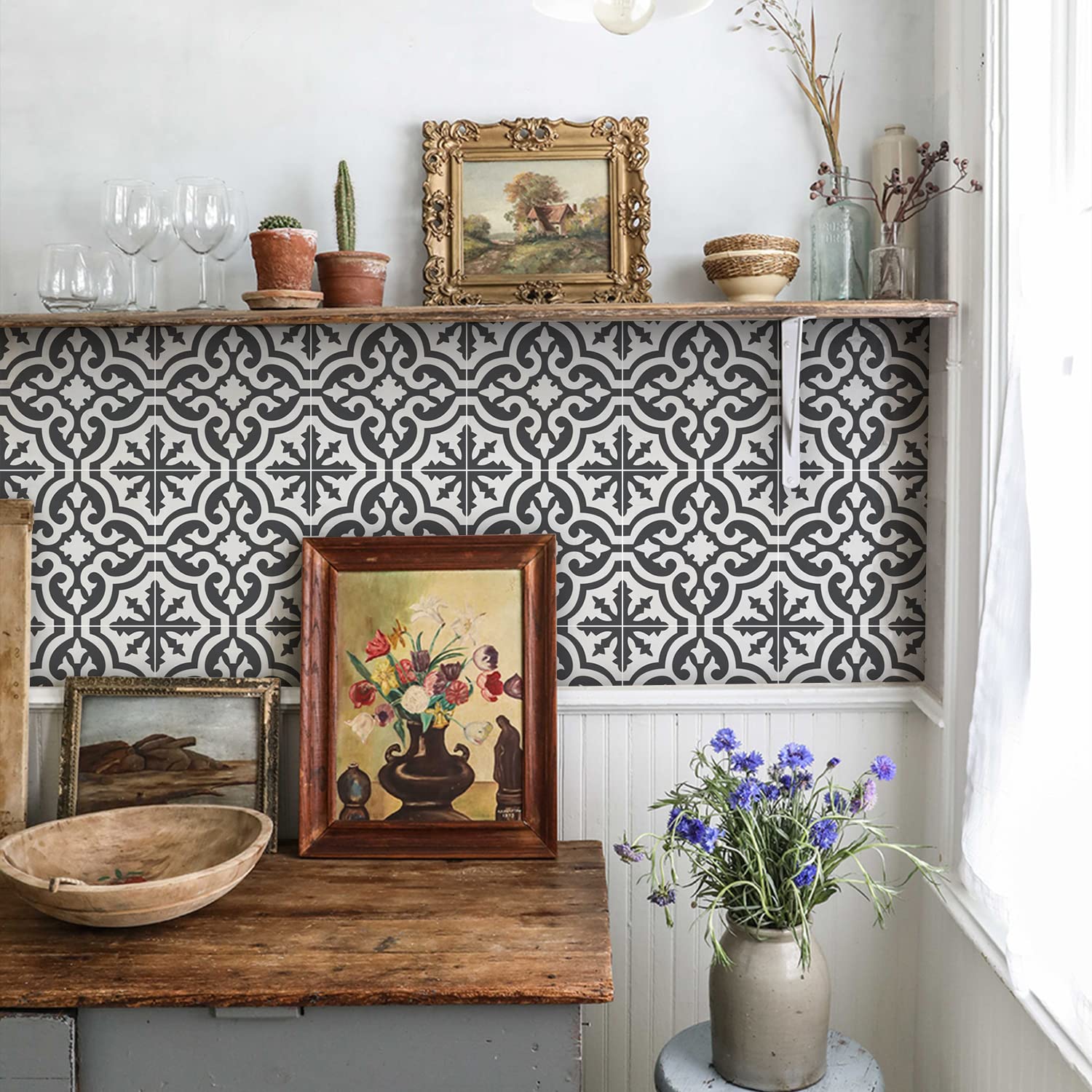 Tile Stickers Elegant Beige Flower Bathroom PVC Self Adhesive Tiles Stick on Kitchen Wall Peel and Floor 20x20cm/48 pcs