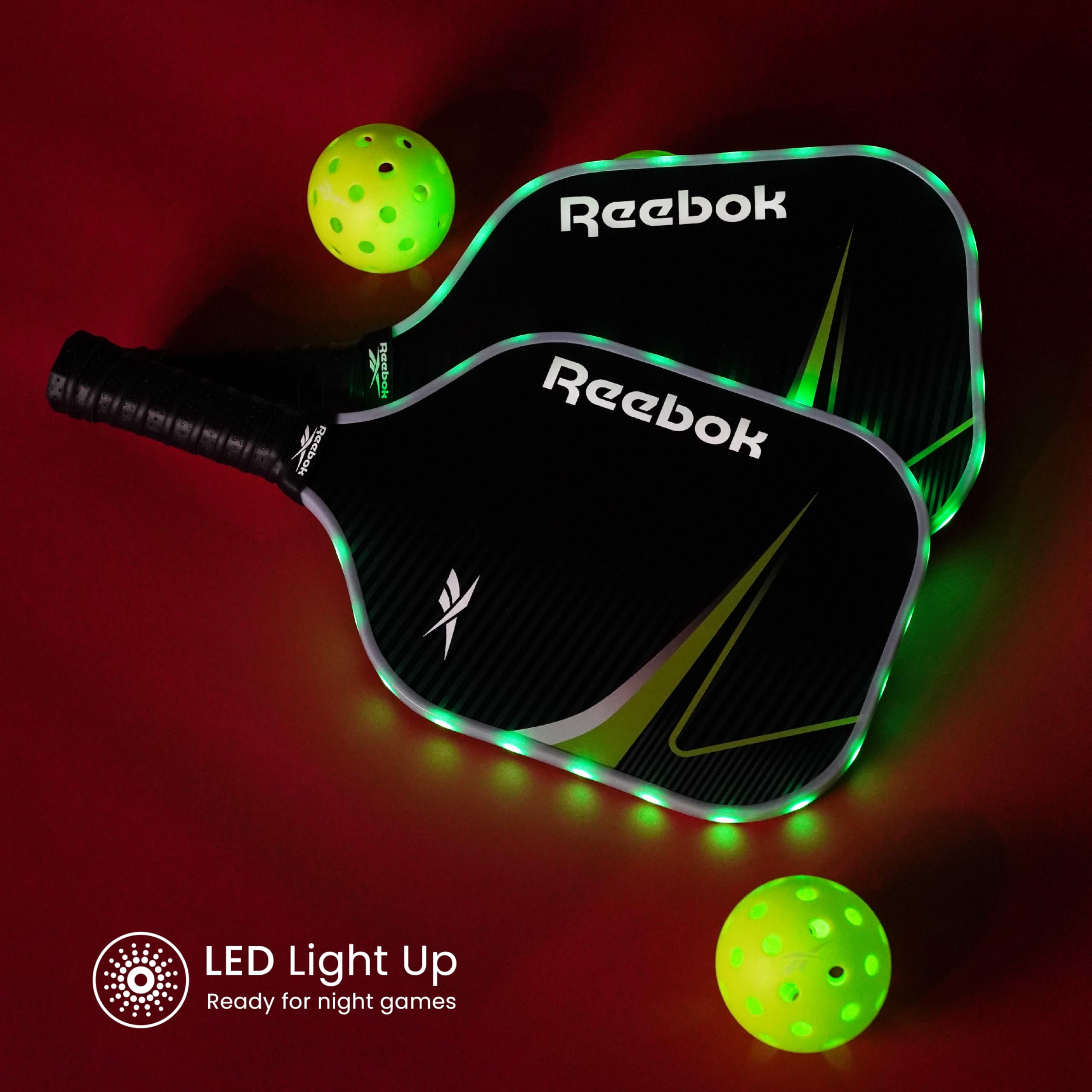 Reebok - LED-Pickleball-Set, hohe Sprungkraft, Outdoor-Pickleballs mit Präzision, 40-Loch-Muster, perfekt für nächtliche Spiele