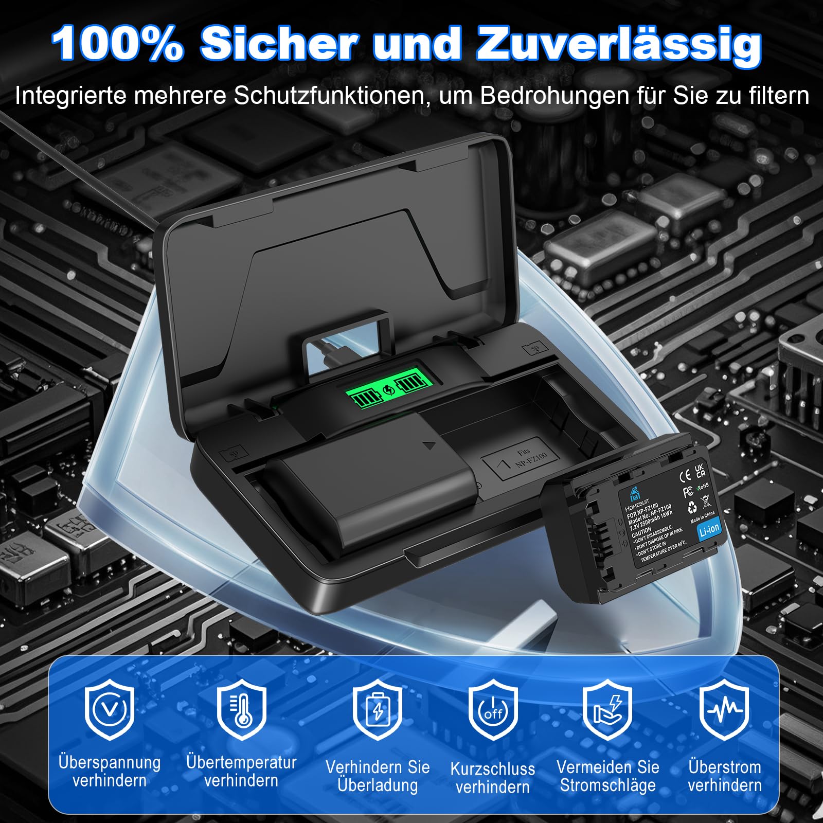Homesuit NP-FZ100 Akku 2500mAh & 20W Schnellladegerät mit Zwei Kanälen für Sony ZV-E1 FX3 FX30 A7RIII A7RV A7RIV A7SIII A7III A7IV A7C A6600 A6700 Alpha A1 A9 A9II A9III 9R A9R 9S Kamera (2er-Pack)