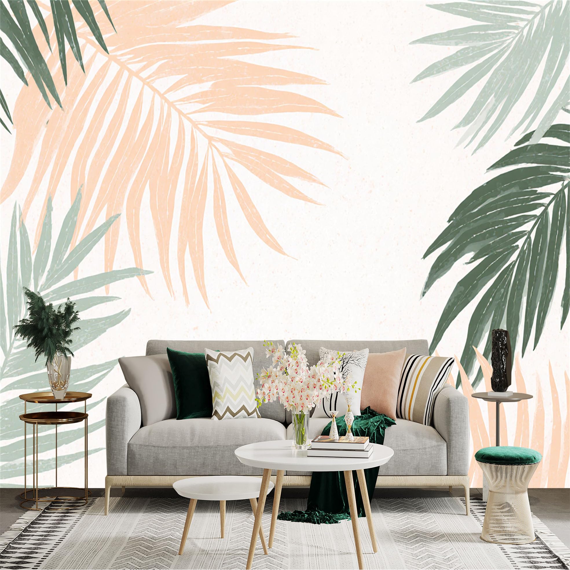 Custom Size Wall Sticker Mural， Soft Pastel Tropical Palm Leaves， Minimalist Botanical Pattern， Elegant Summer Plant Decor， for wall Decoration， peelandstick wall Decals.