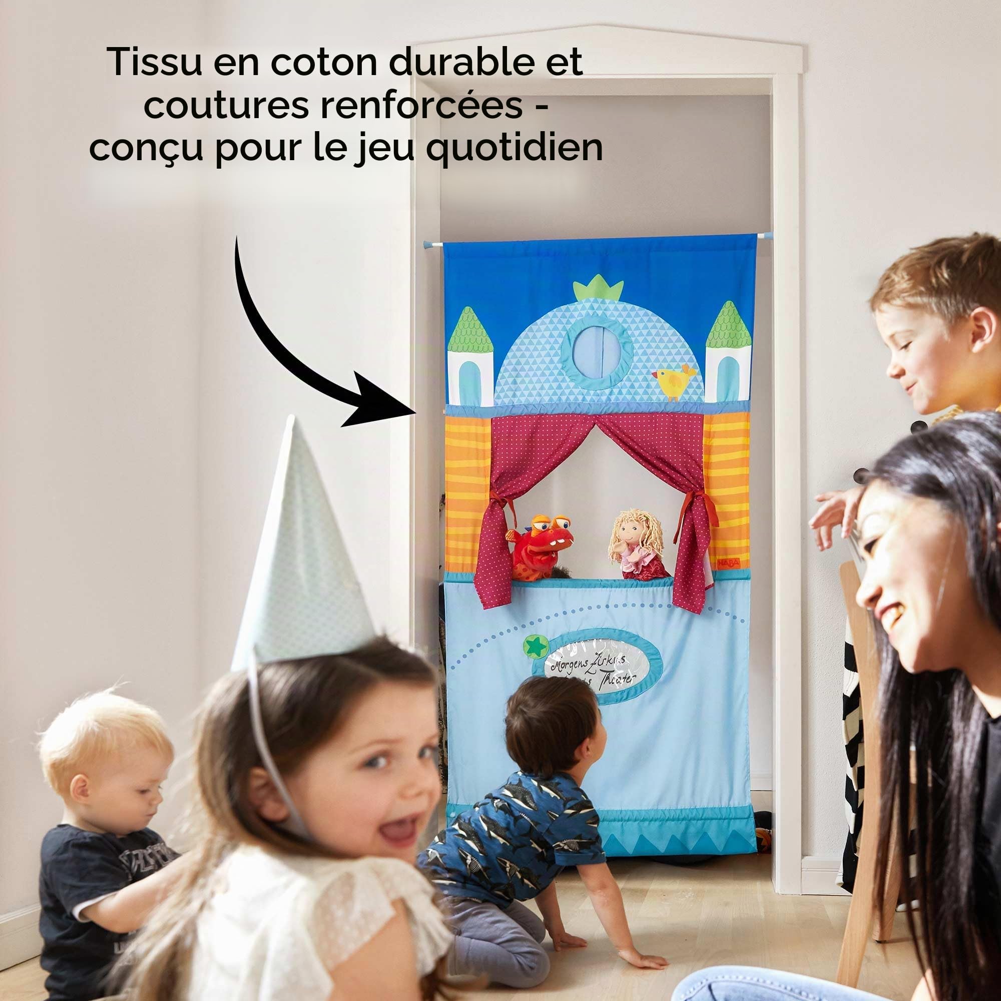 HABA 7281 - Jeux de Société-Théâtre de Porte - Un Gain d'espace avec Une Tige réglable Qui s'adapte à la Plupart des Portes
