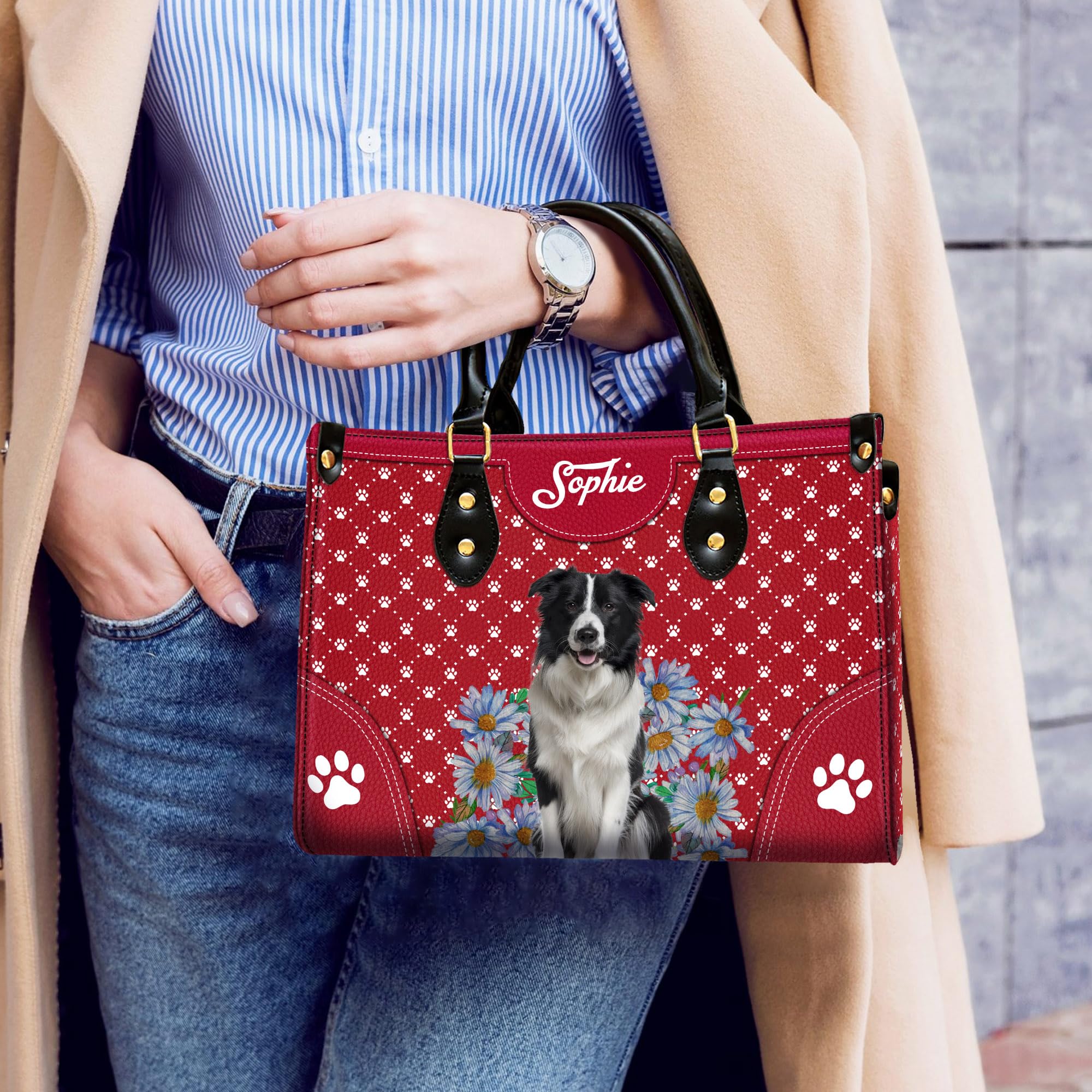 Personalized Border Collie Dog Handbags, Custom Name Dog Leather Bags, Purses, Shoulder Bag, Gift For Dog Mom Dog Lover Red