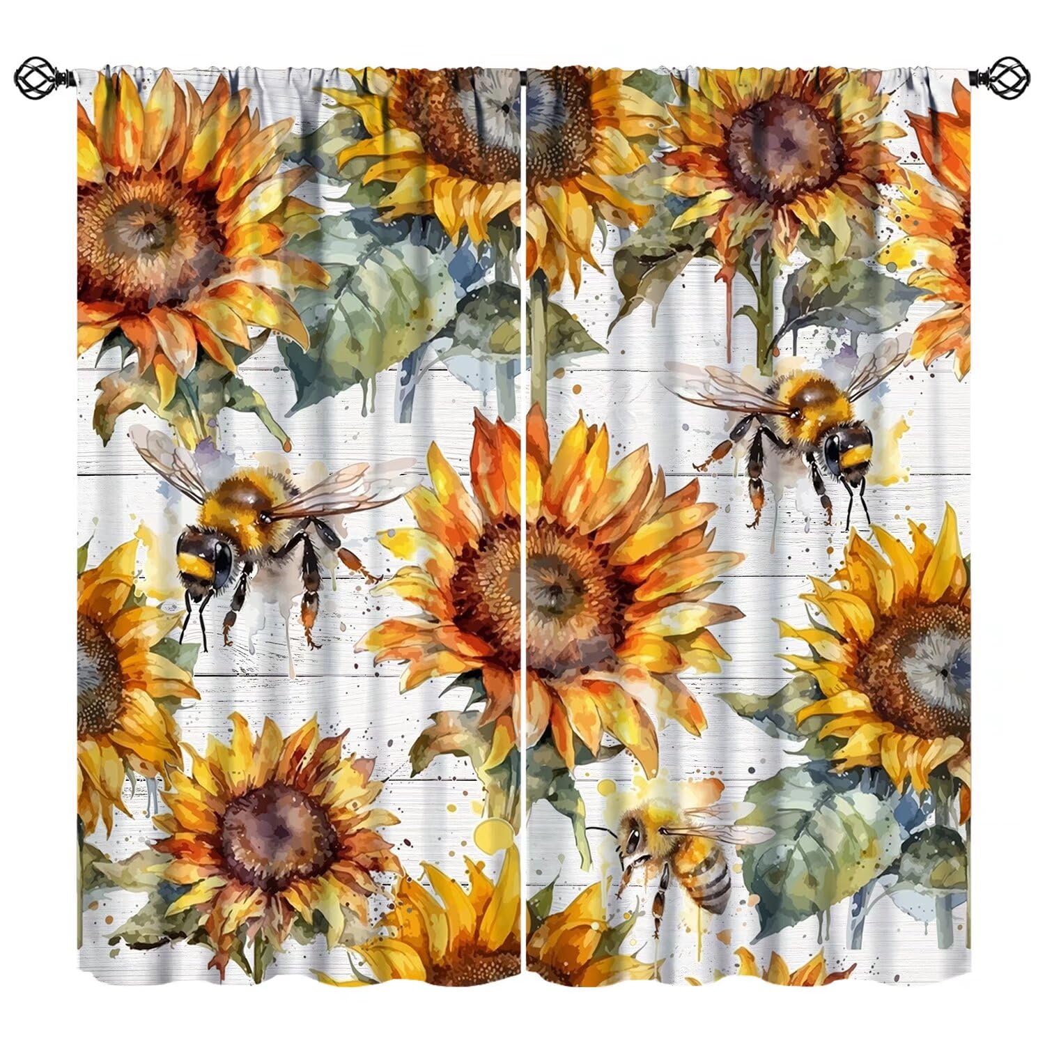Bee Sunflower Curtains Rural Farmhouse Wood Board Flower Art Printed Blackout Window Drapes for Bedroom Kitchen Decor Fabric Set 2 Panel 42x63 Inch