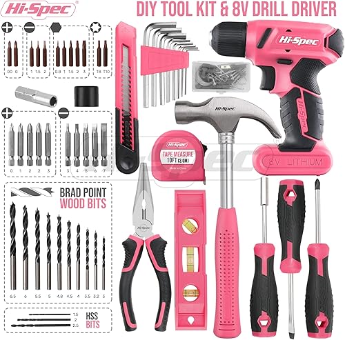 Miniatura 2 de Kit Hi-Spec de 58 piezas con destornillador eléctrico de 8 V Power Drill y kit de herramientas de trabajo manual color rosa Ligero inalámbrico y