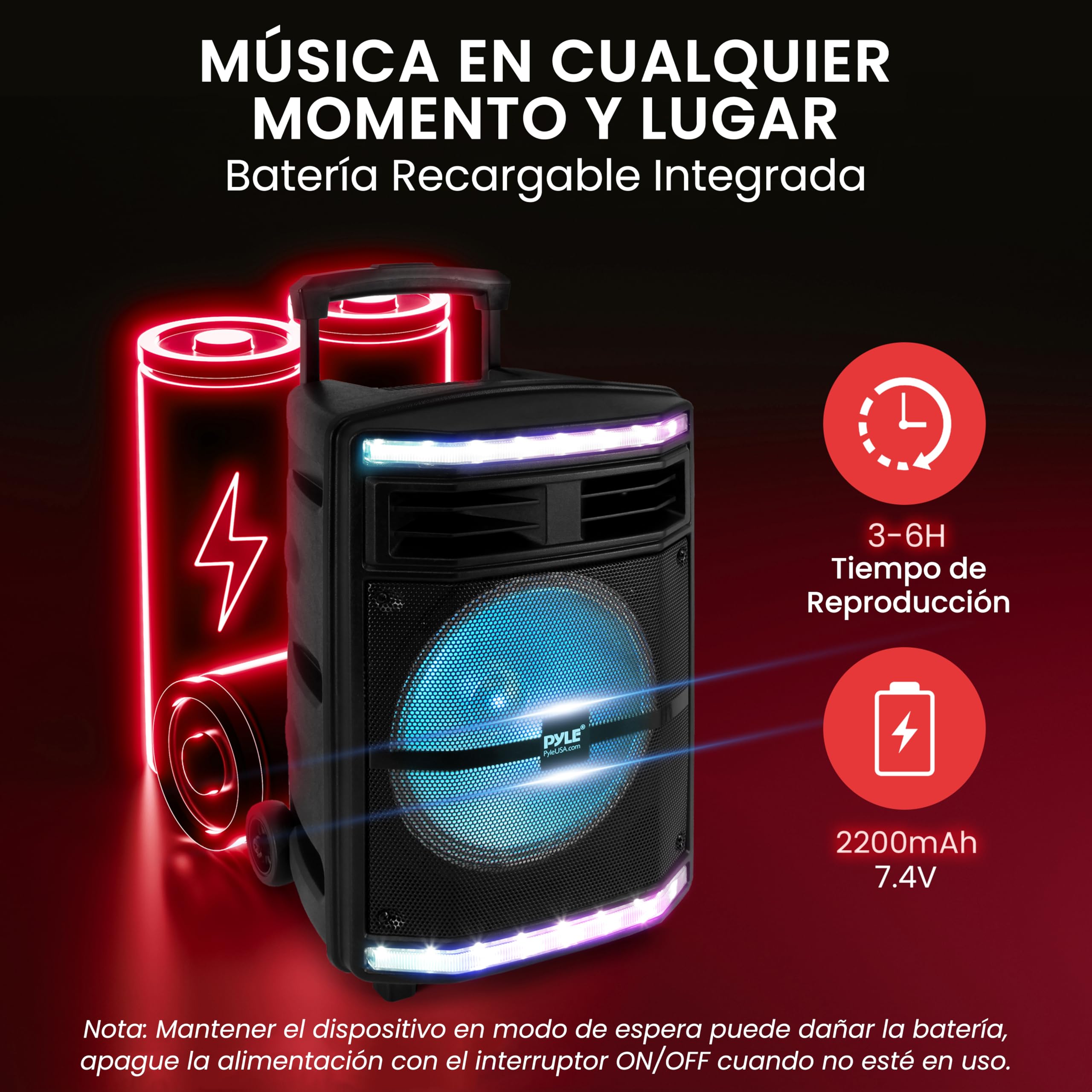 Pyle Altavoz, PA, 600V, Bluetooth, Portatil, Recargable, Exteriores, Luces de Fiesta, Lector de Tarjetas SD MP3/USB