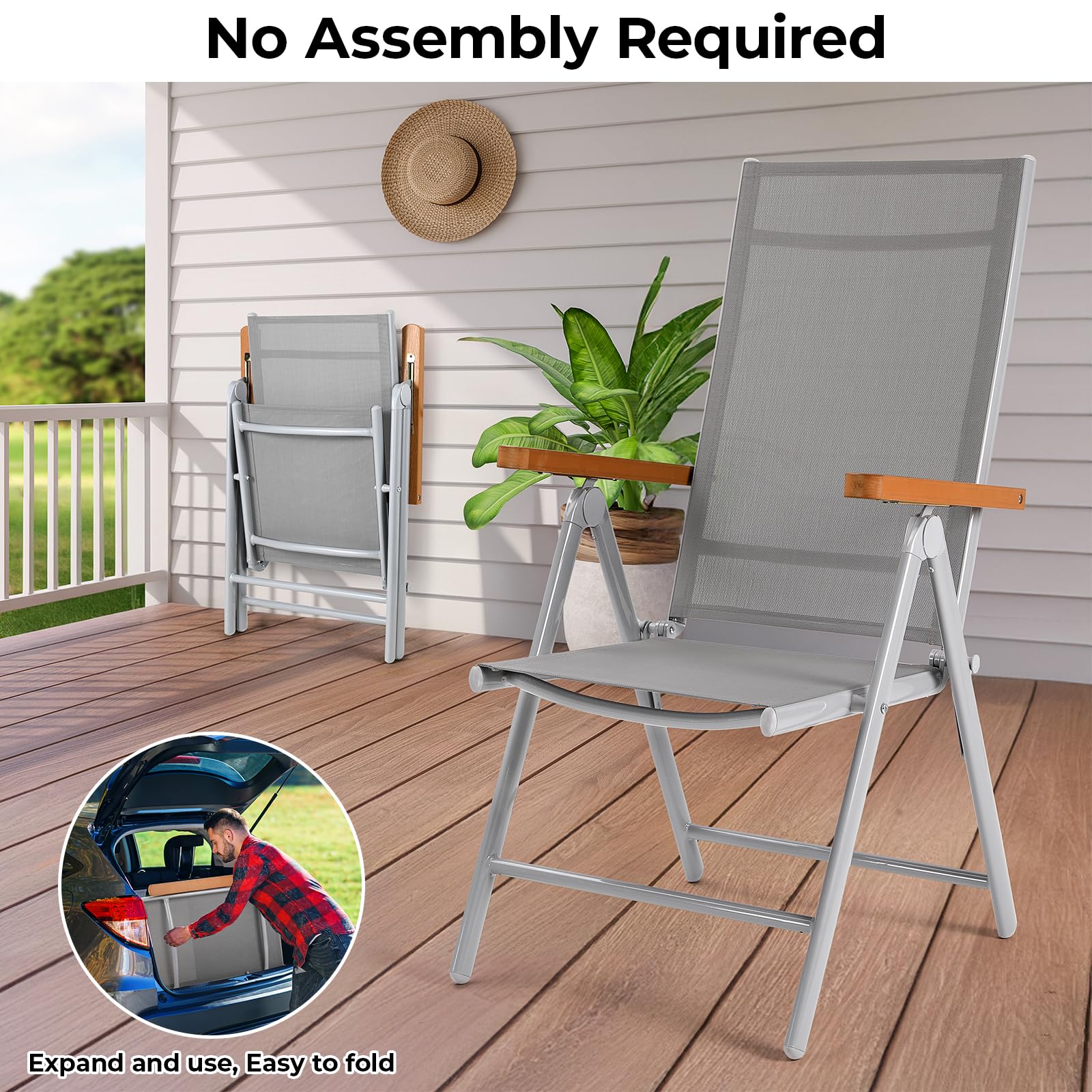 LIFERUN Gartenstühle Alu 4er Set, Gartenstuhl Hochlehner Klappbar mit 7-Fach Verstellbar Rückenlehne, Teakbraun WPC Armlehnen, Balkonstühle bis 120kg, Leicht Campingstühle, Komfortabel Wetterfest 4pcs