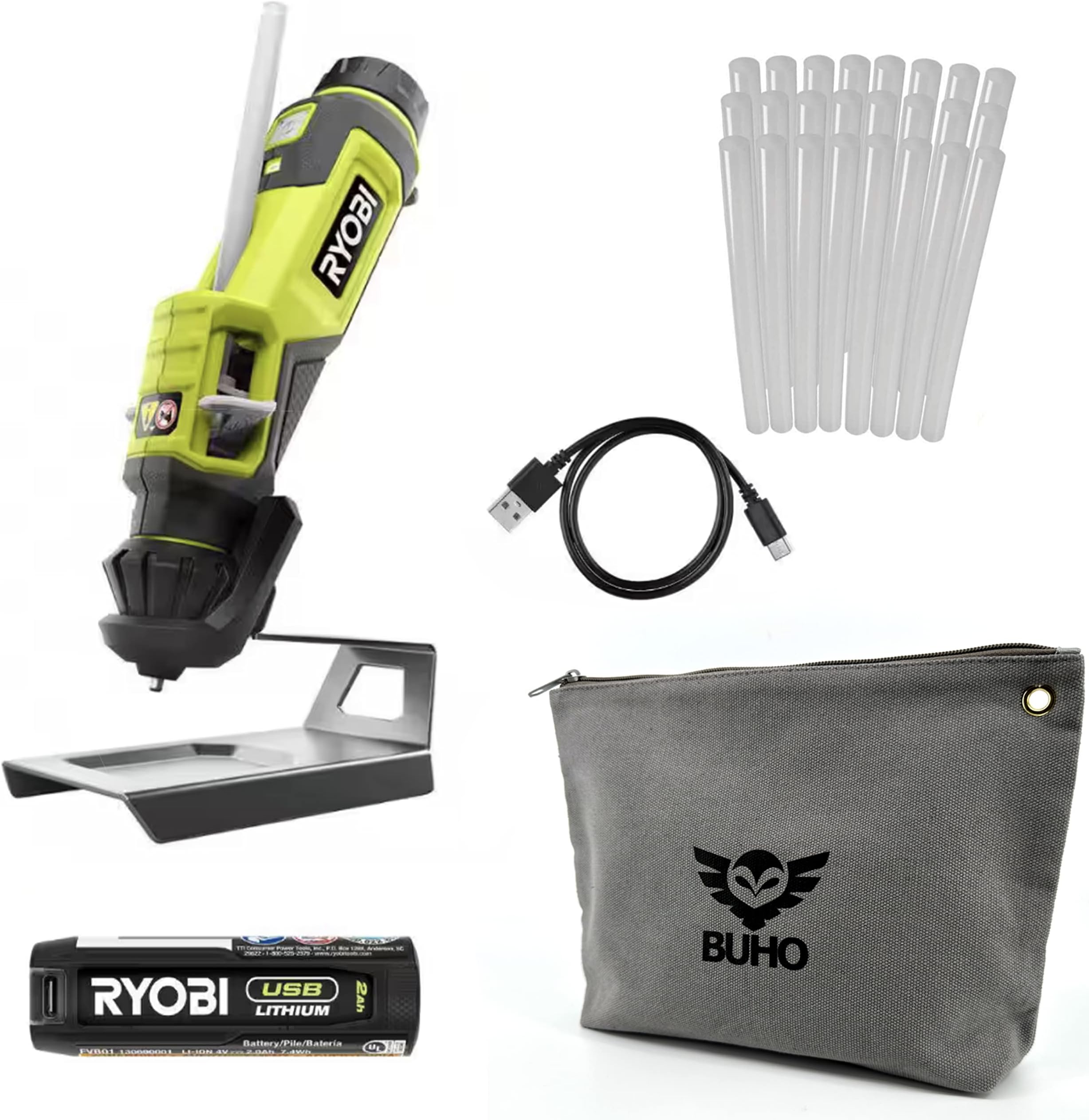 Buho Portable Lithium Glue Pen Accesory Bundle - Cordless Glue Pen 24 Pack Glue Sticks Zipper Tool Pouch 2.0 Ah USB Lithium Battery Charging Cable Drip Tray Stand