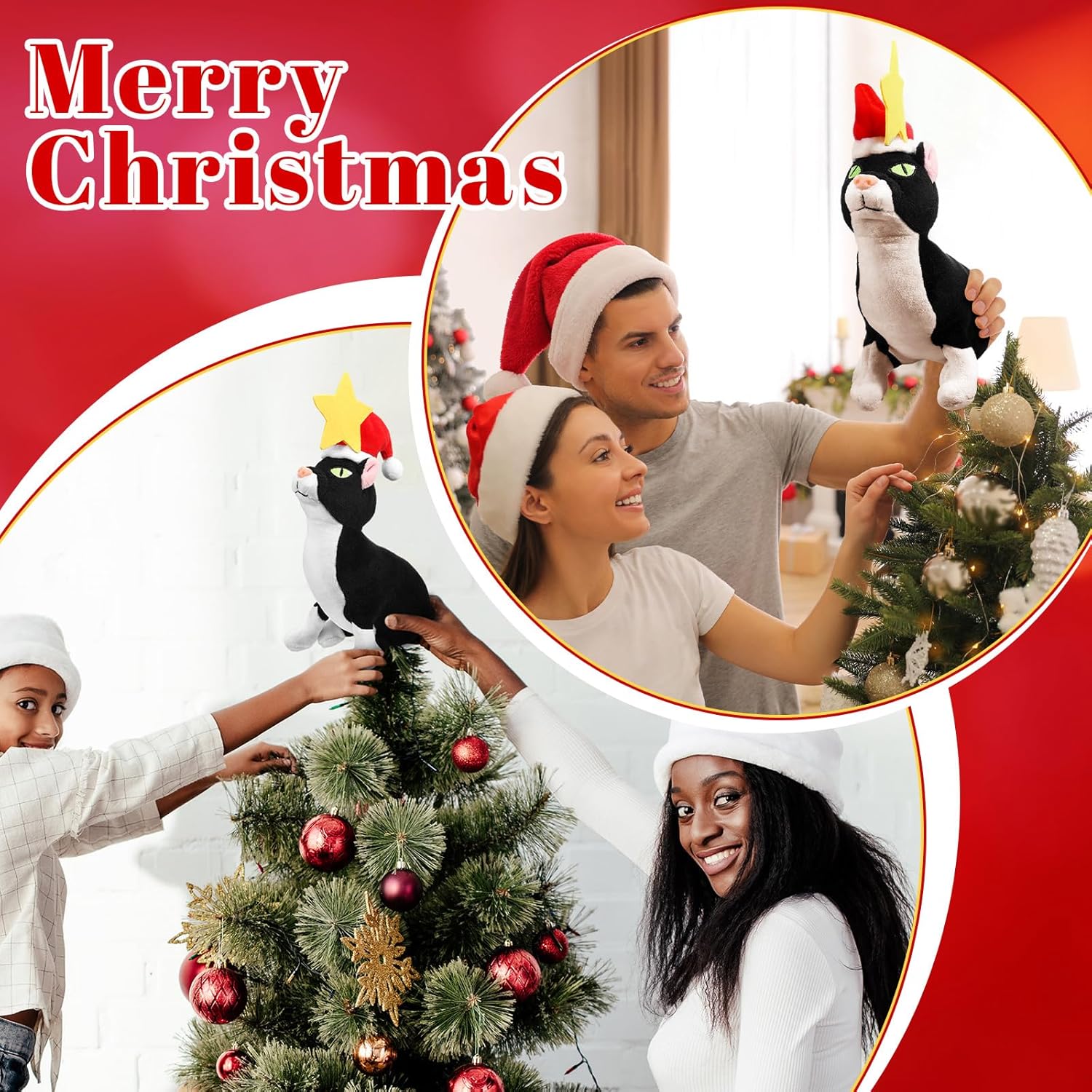 Shappy Christmas Tree Topper Decoration Black Cat Christmas Tree Topper with Star Plush Stuffed Christmas Tree Ornament Cat with Santa Hat Xmas Decoration for Cat Lovers Gift Ideas